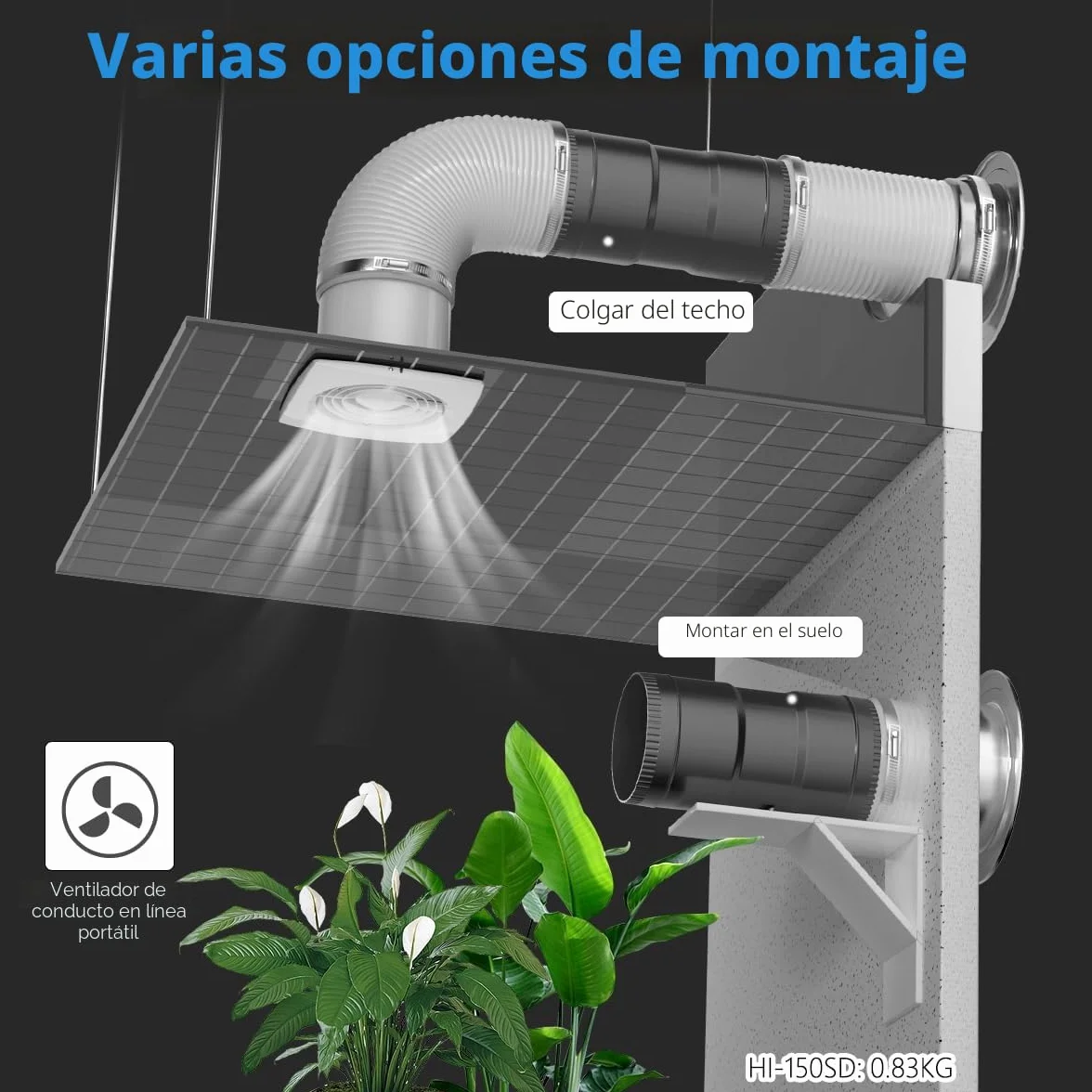 Ventilador de tubo 150 mm 587 m³/h regulable negro Hon&Guan