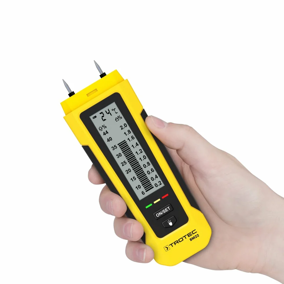 TROTEC Medidor de Humedad de la Madera, Temperatura y Materiales BM22, Linterna LED, Portátil, Indicador de Humedad LED, Portátil, Clip para Bolsillo