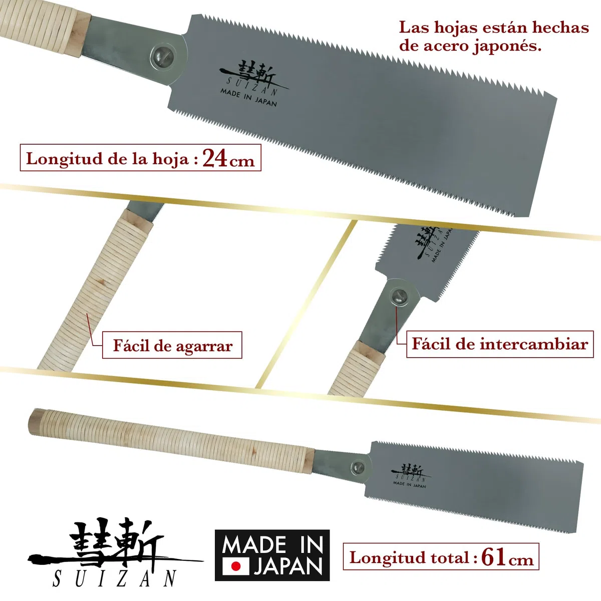 SUIZAN Ryoba Sierra japonesa de doble filo 240mm - Serrucho de mano profesional Herramientas carpinteria madera