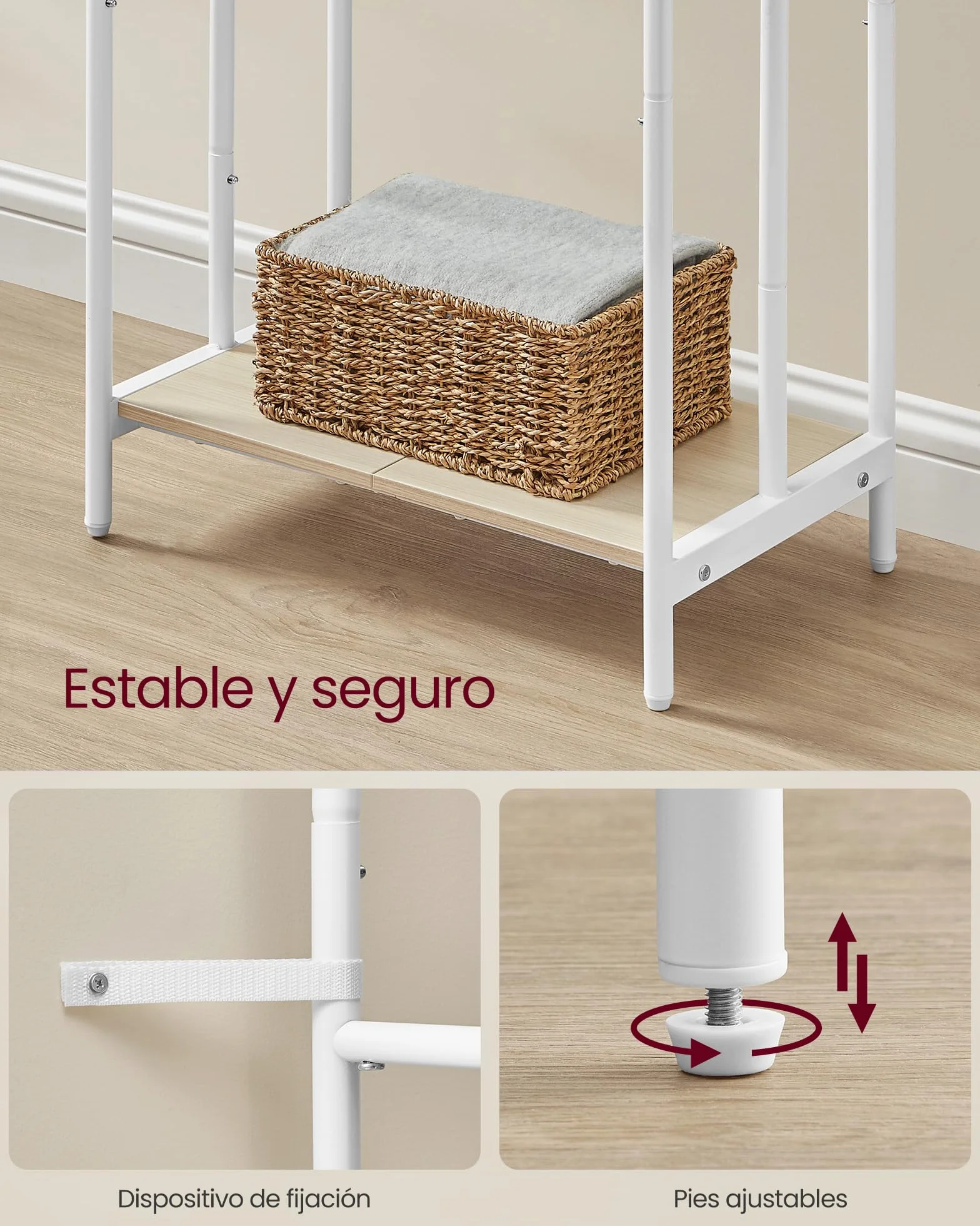 VASAGLE Toallero de Pie 3 Barras 50x30x100 cm Estante Almacenamiento Blanco Nube Beige Natural
