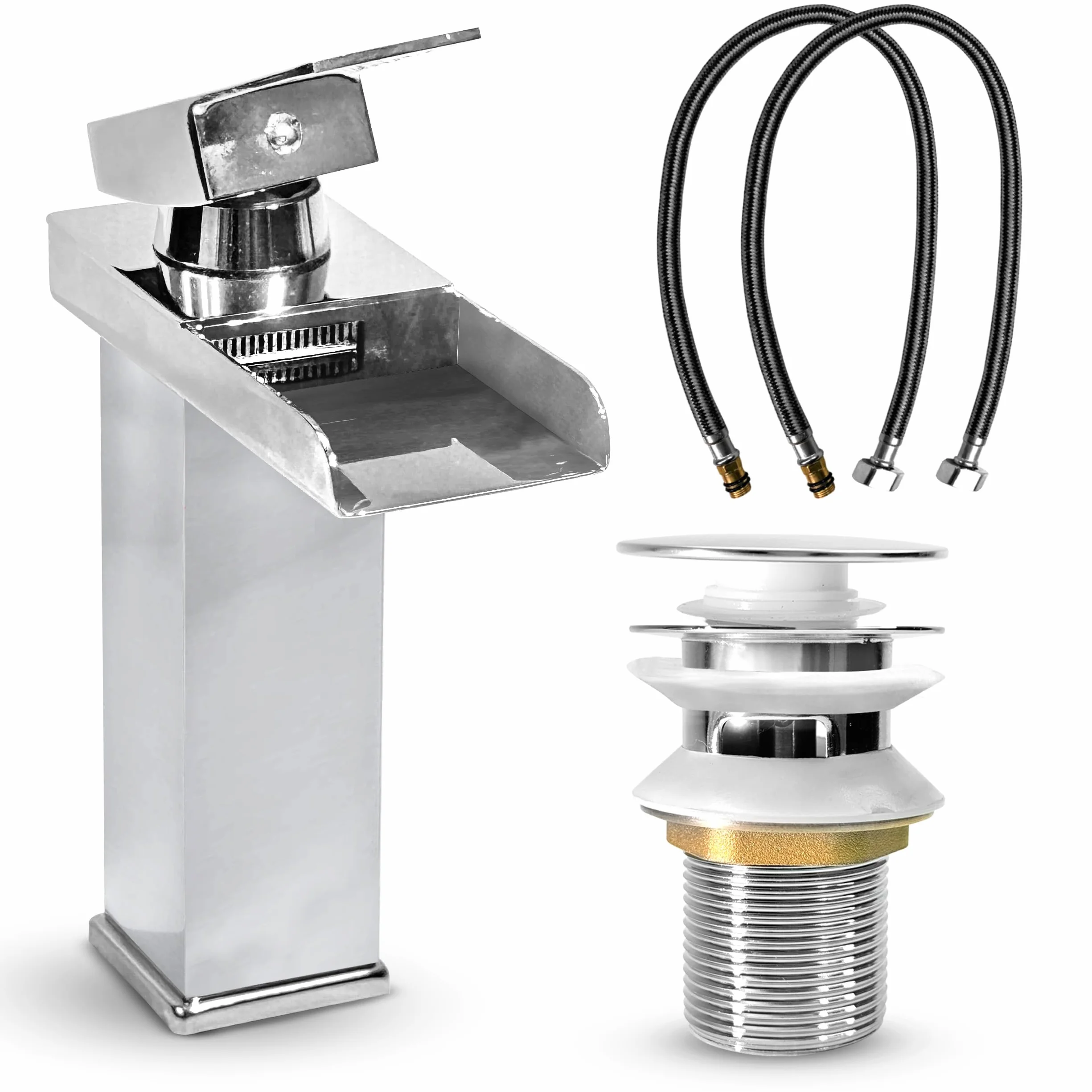 Grifo de cascada cromado para lavabo baño monomando cuadrado latón macizo plateado
