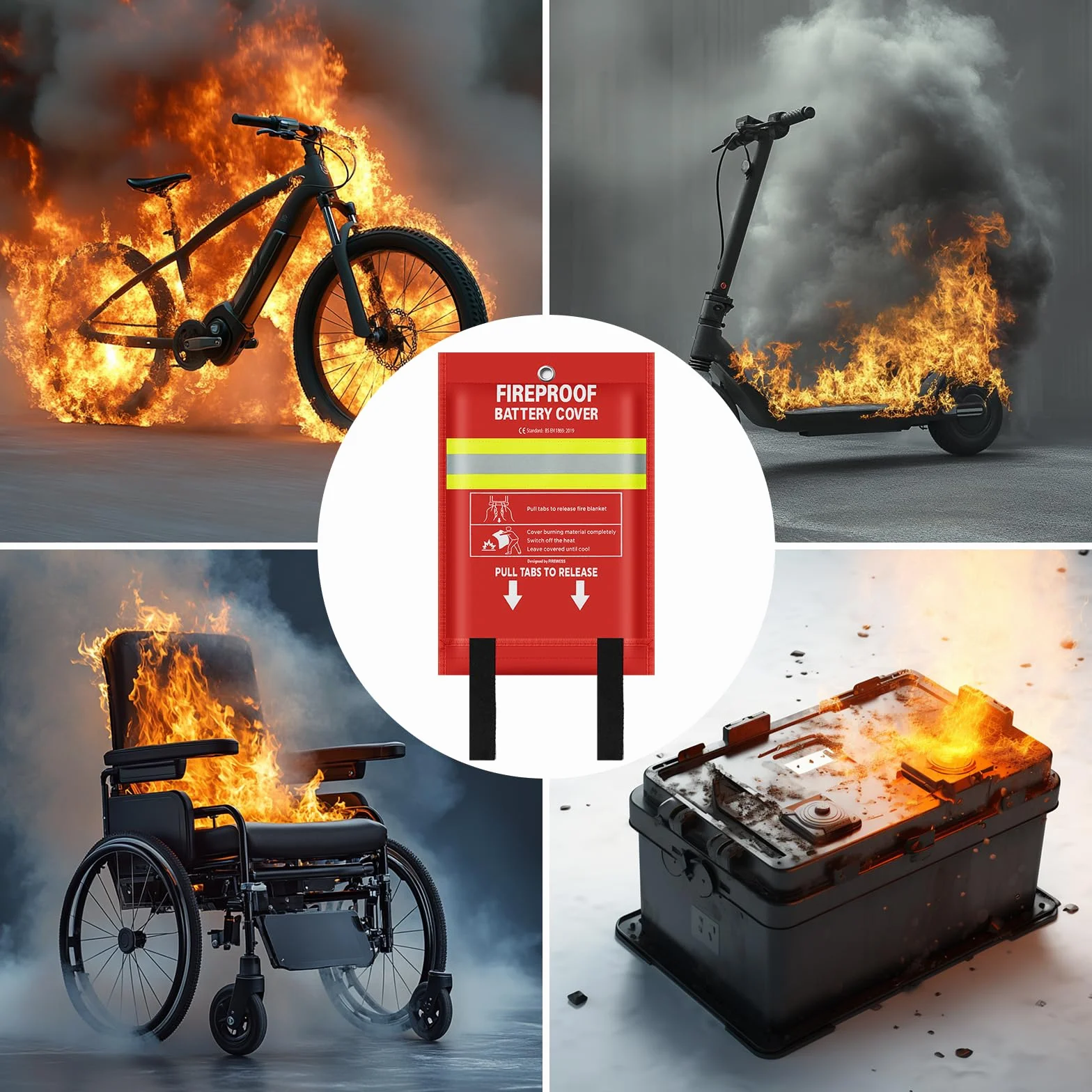 Manta Ignífuga, Manta de Fuego para scooter eléctrico y bicicleta eléctrica, de Emergencia contra Incendios, de batería de litio, 100x125cm