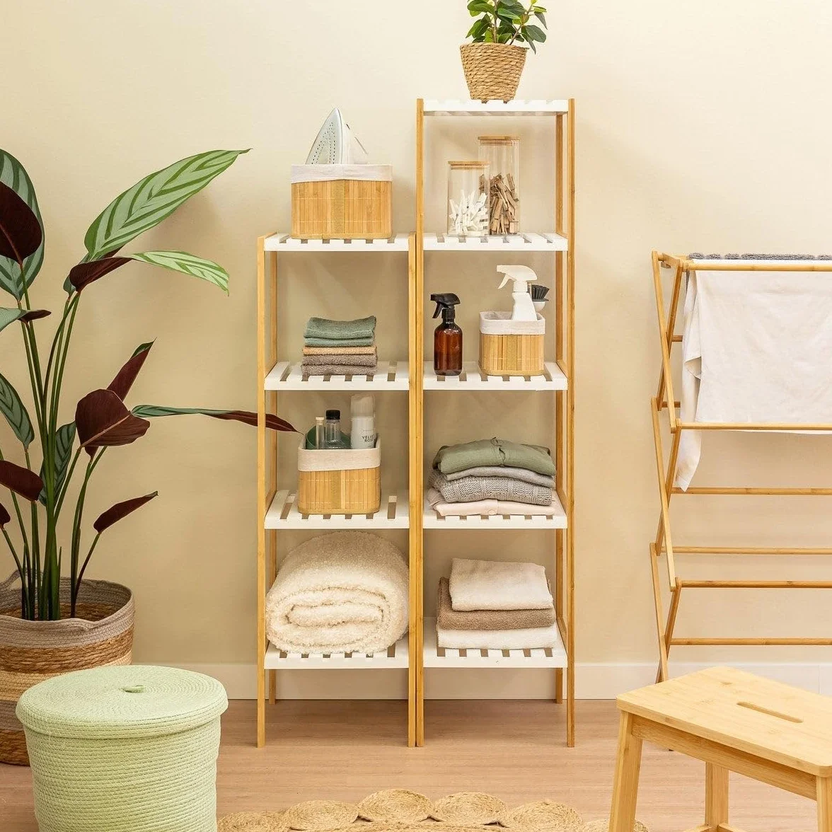 Estantería de bambú Natural 4 baldas Blancas 33x34x110 cm para baño Cocina
