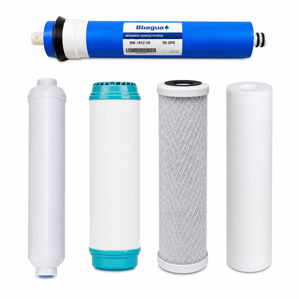 Pack Recambio Ósmosis Inversa 5 Etapas 50 GPD 4 Filtros 10” Sedimentos GAC Carbón Block Postfiltro Coco