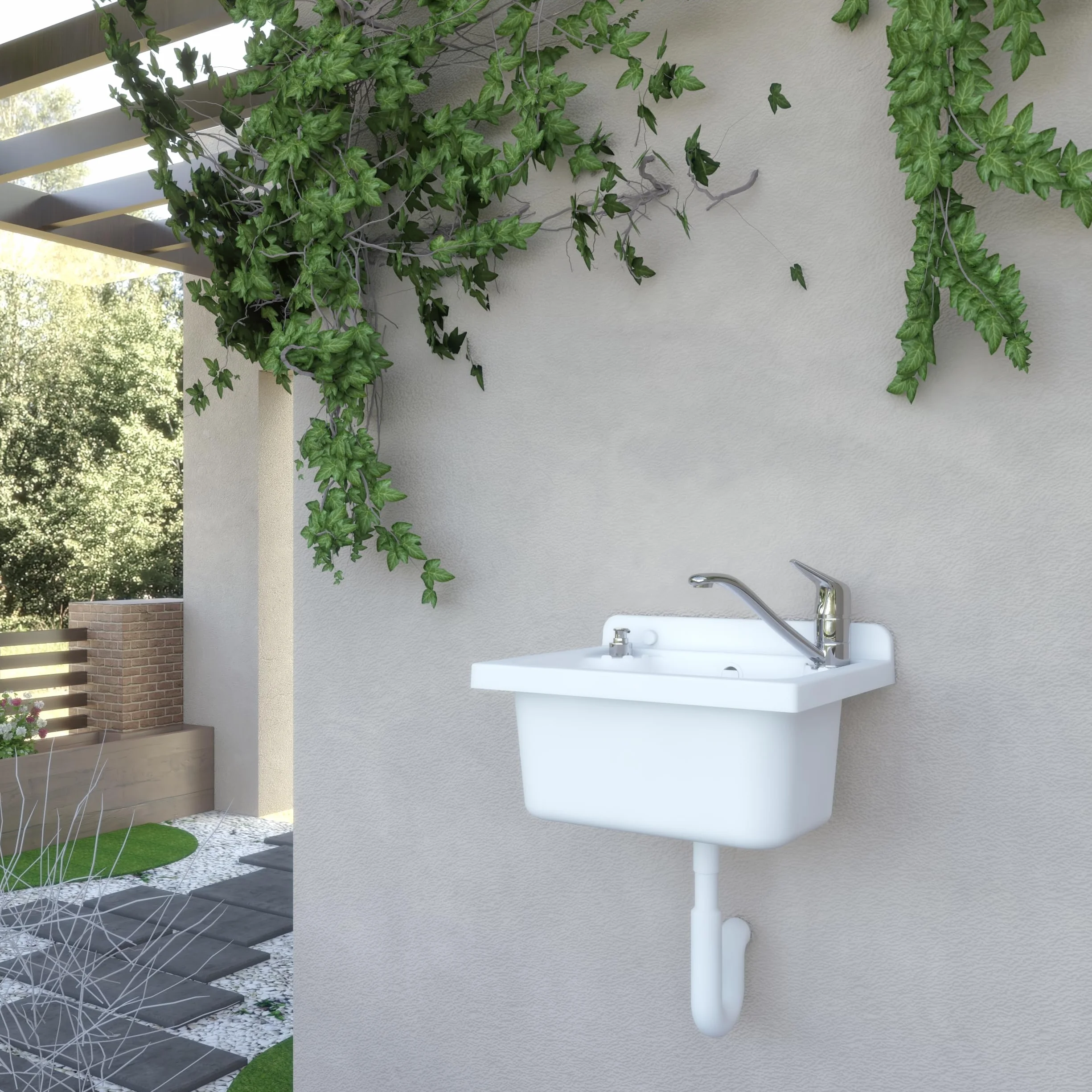 Negrari Lavabo Pilozzo de pared de resina, resistente a los ácidos de uso común, resistente a la humedad, kit de desagüe incluido, interior y exterior, 42 x 34 x 21 cm, blanco
