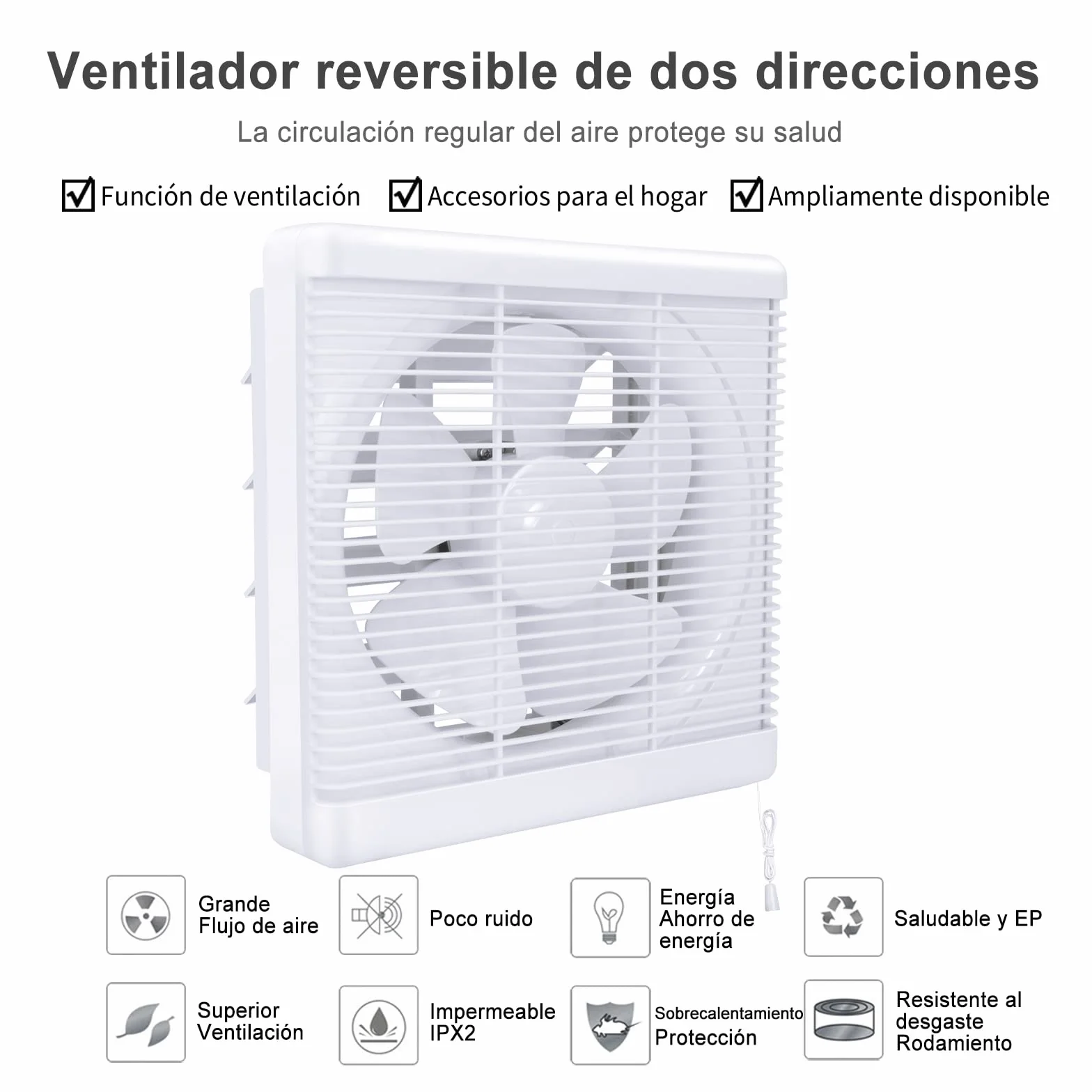 HUGOOME Ventilador de baño de Tamaño abierto 200 * 200mm, 300m³/h 25W Ventilador de pared reversible de dos vías Ventilación, para Cocina Ático Ventana Garaje (Sin enchufe)