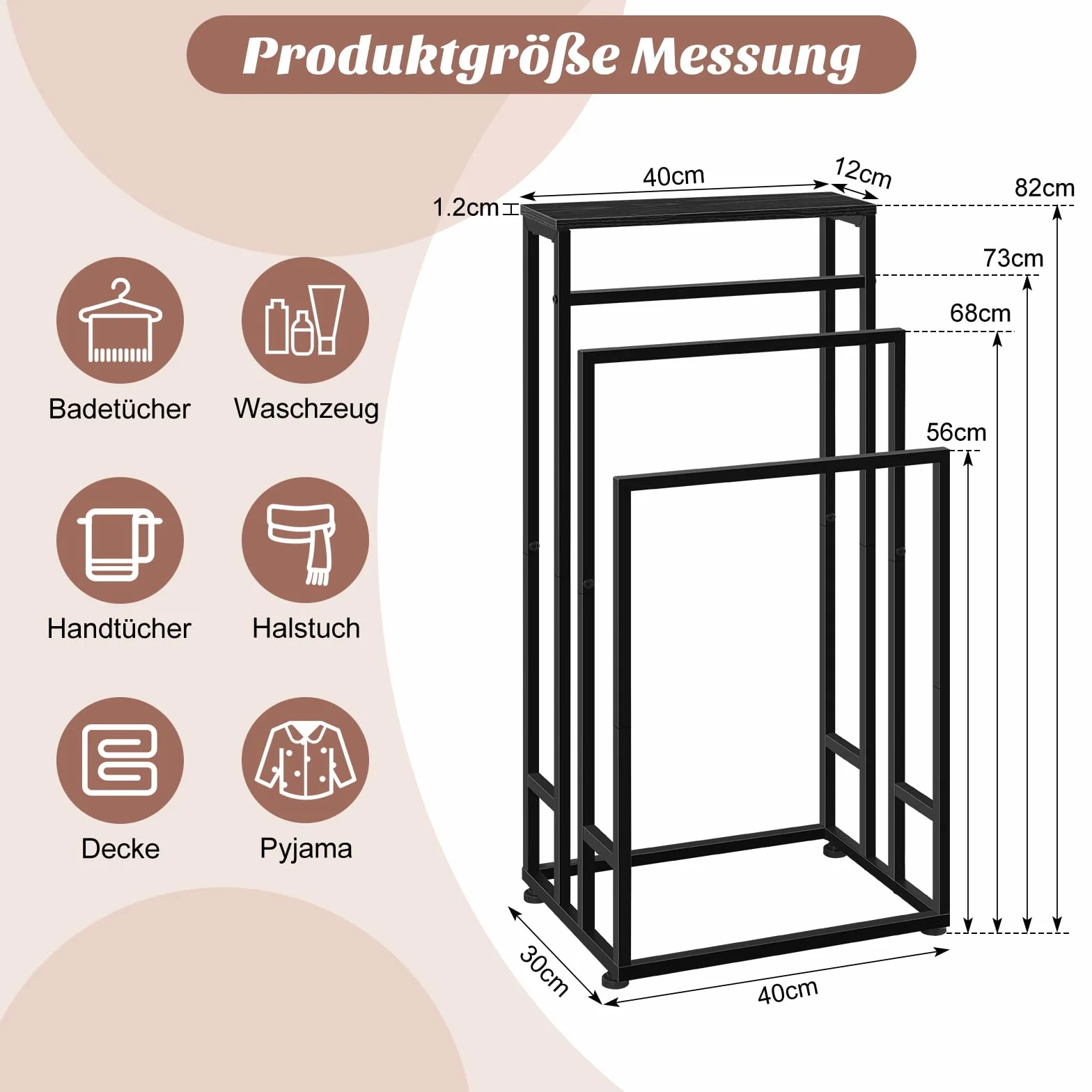 Toallero independiente de madera 3 niveles 40x30x82 cm para baño negro