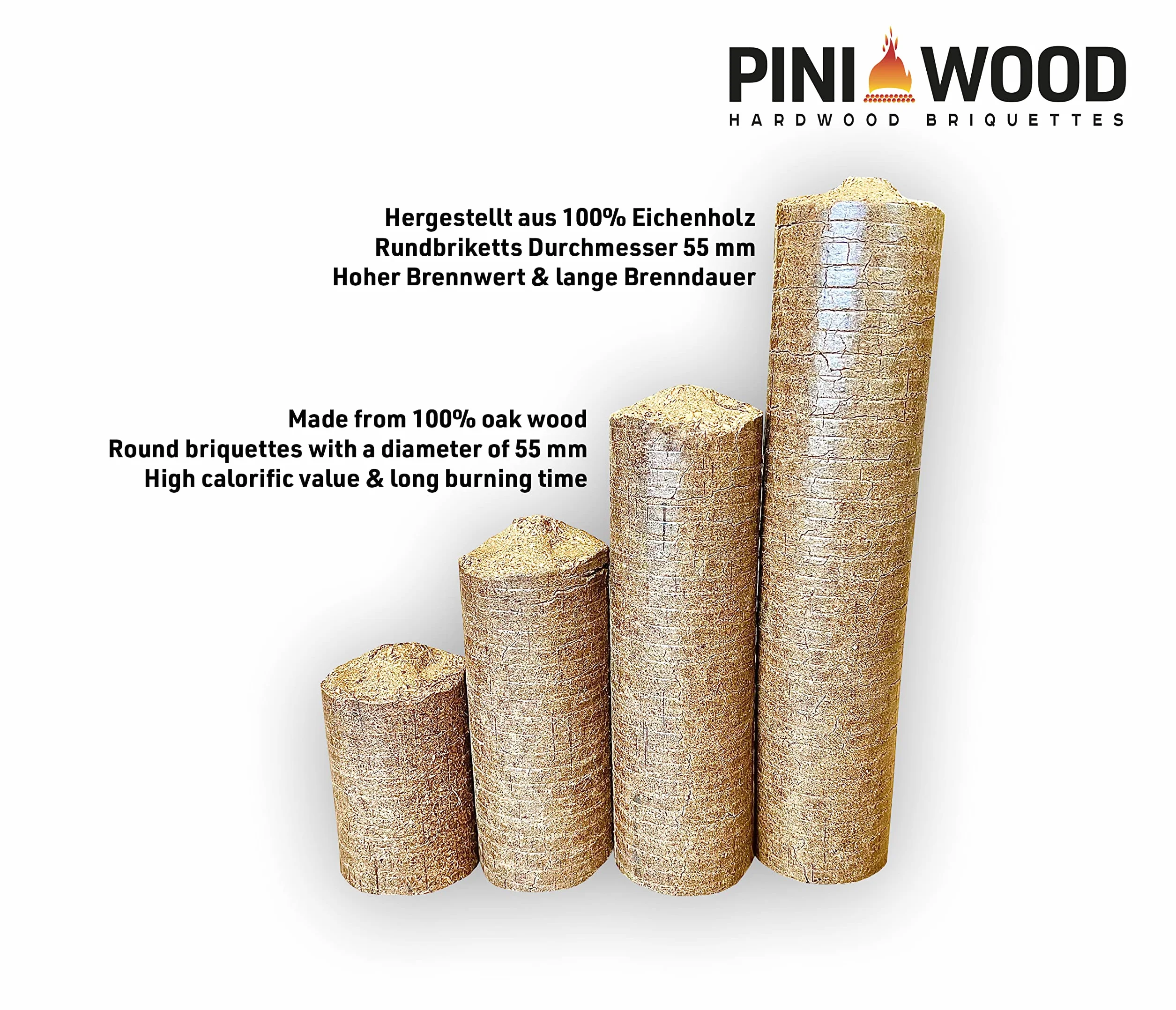 PINI Briquetas de madera dura, 100% roble, 15 kg, chimenea, estufa, leña, barbacoa, briquetas de roble con larga duración de combustión