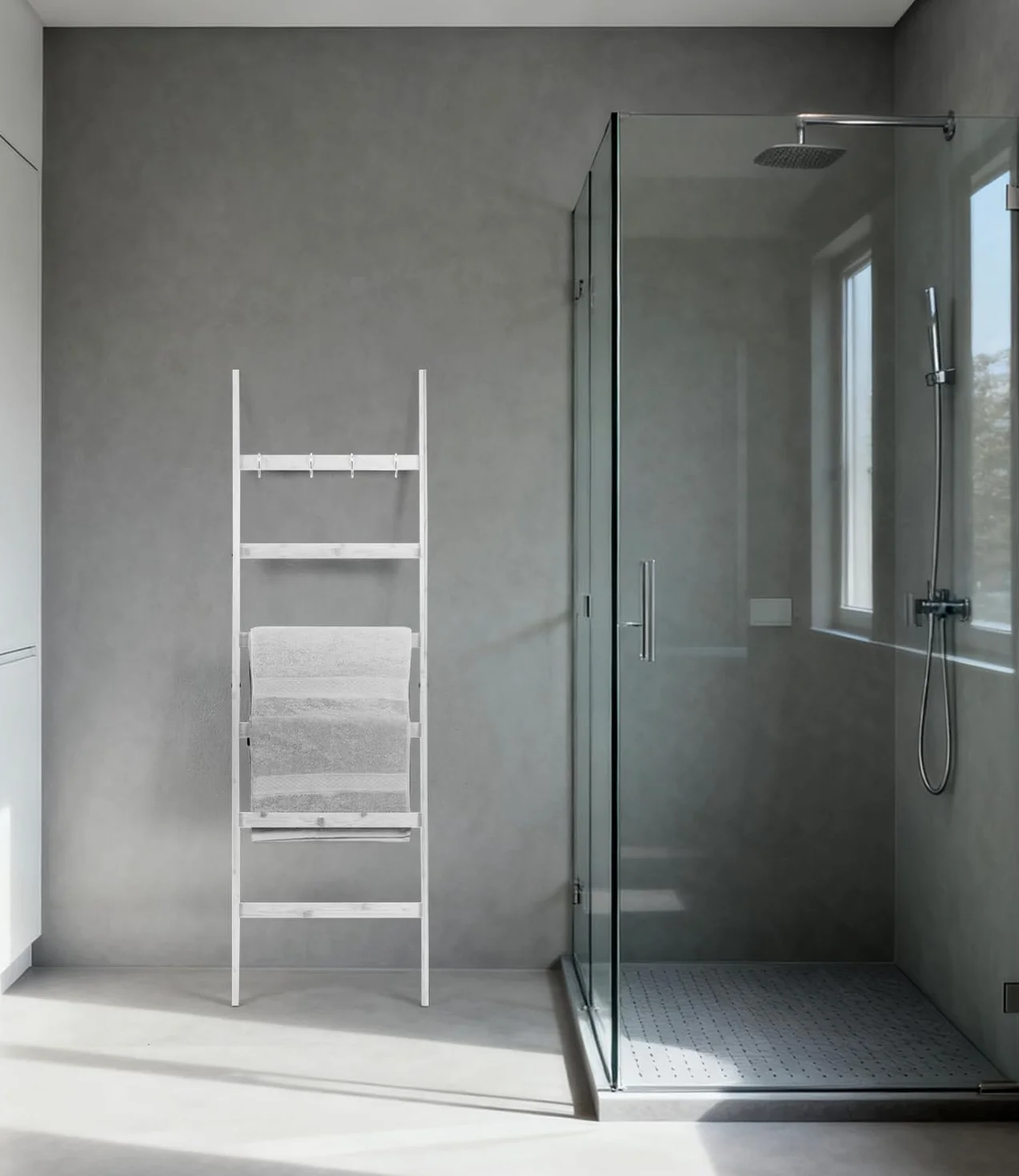 Toallero de escalera de bambú 170x43 cm Blanco 6 travesaños 4 ganchos