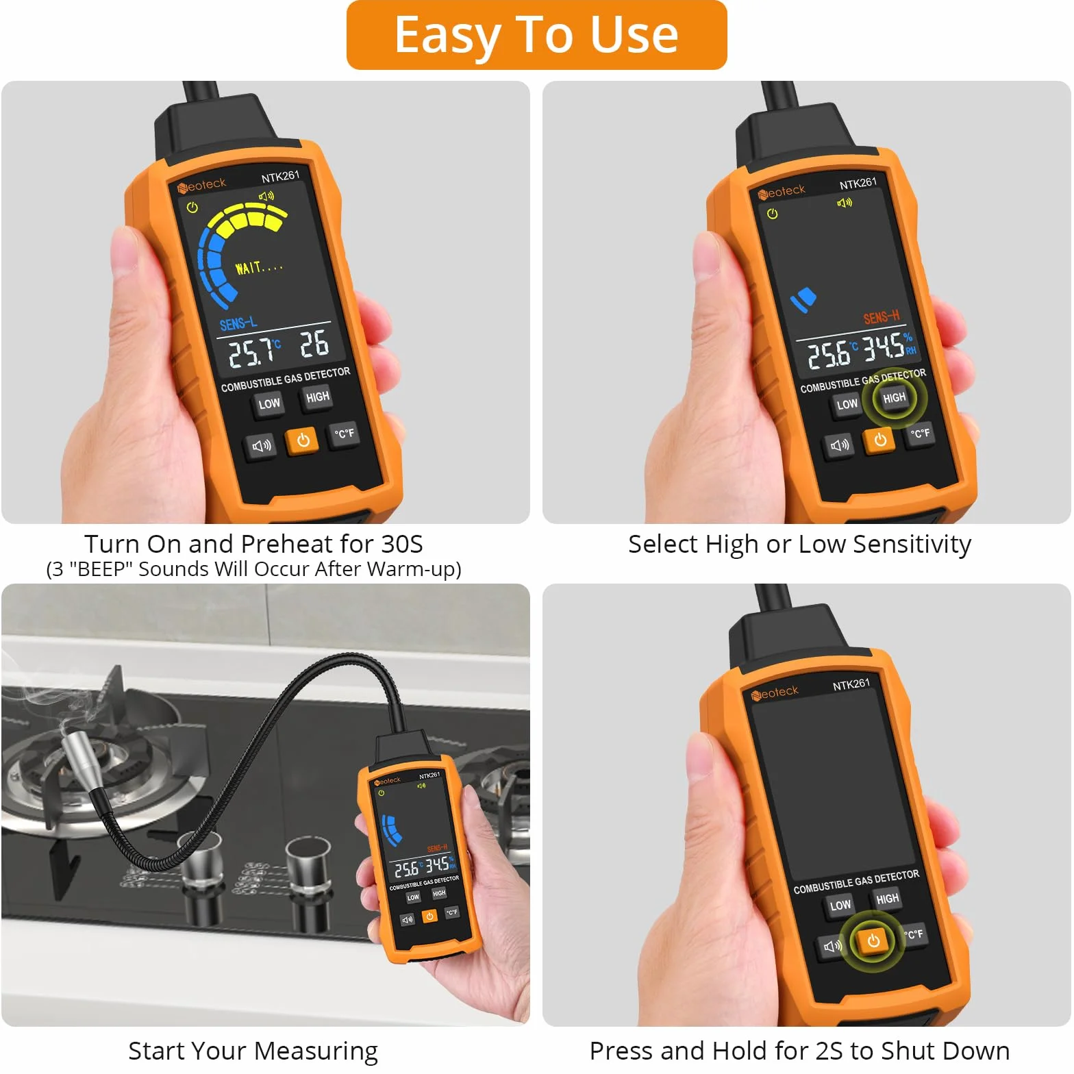 Neoteck Detector de Gas Natural Detector de Fugas de Gas con Sonda Flexible de 12 Pulgadas Detector de Gas Combustible con Alarma Audible y Visual para Vivienda Caravana Estufa Gasoducto