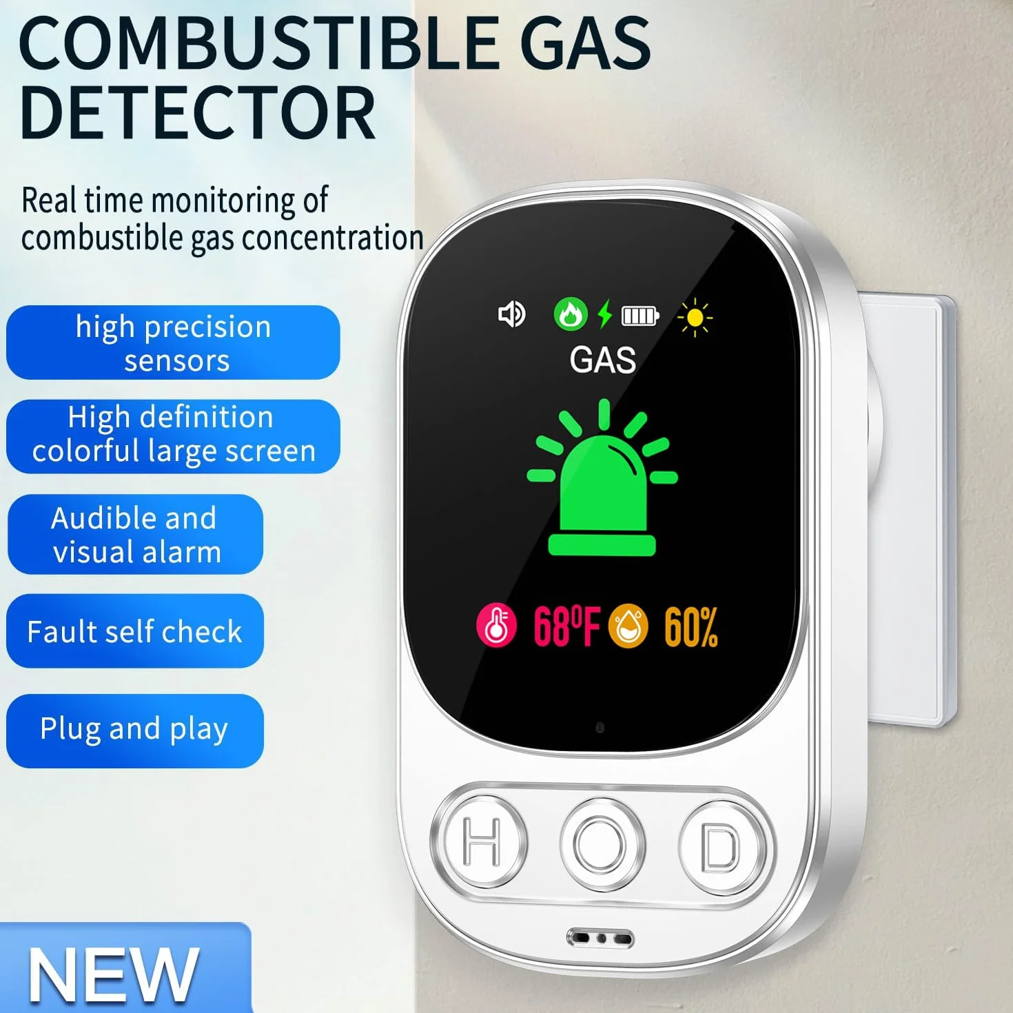 Detector de Gas Combustible con Enchufe para Hogar, Alarma de Gas para Casa, Detector de Fuga de Gas para Gas Natural GLP Metano Propano Butano, con Batería Recargable, Blanco, HD05-B