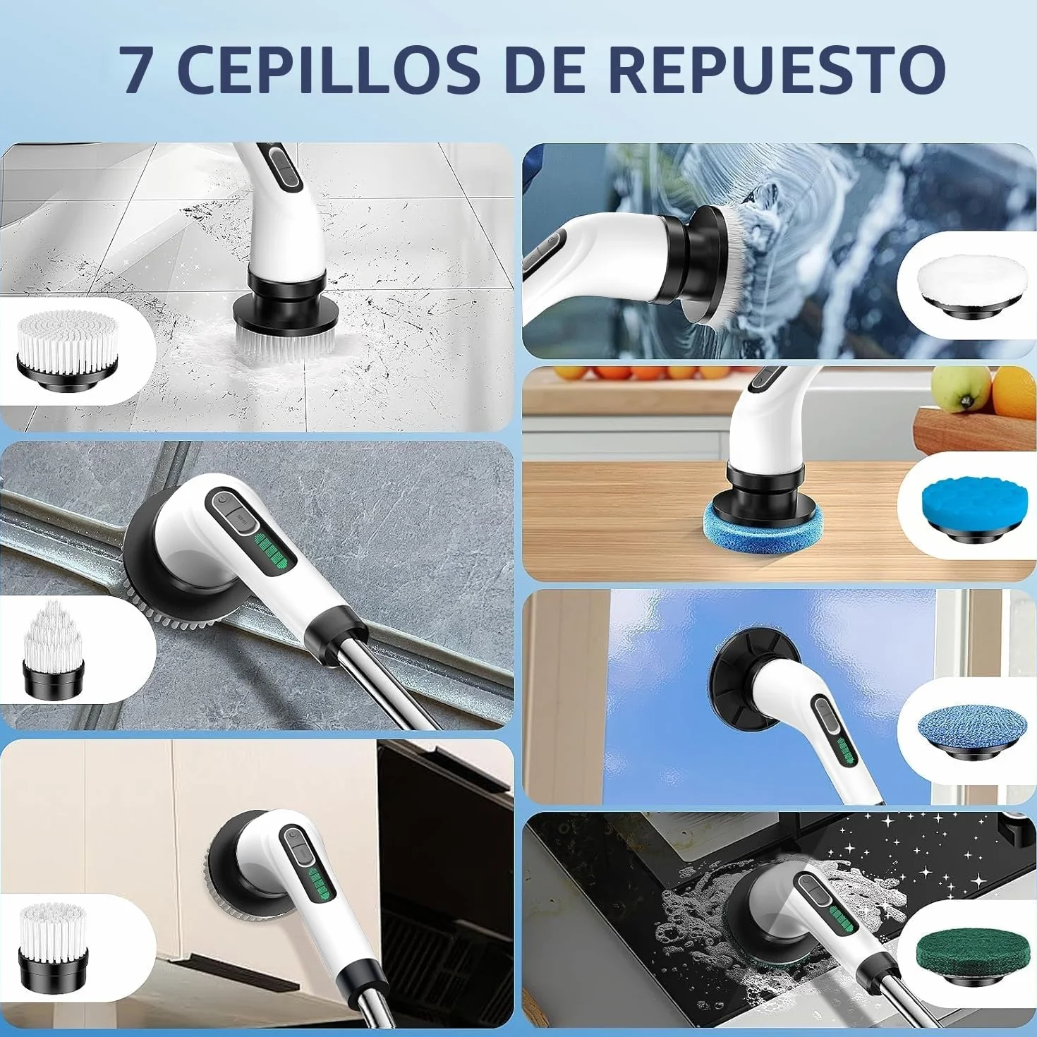 FYDEE Cepillo Eléctrico Limpieza Hogar IPX7 7 Cabezales Reemplazables Fregadora Giratoria