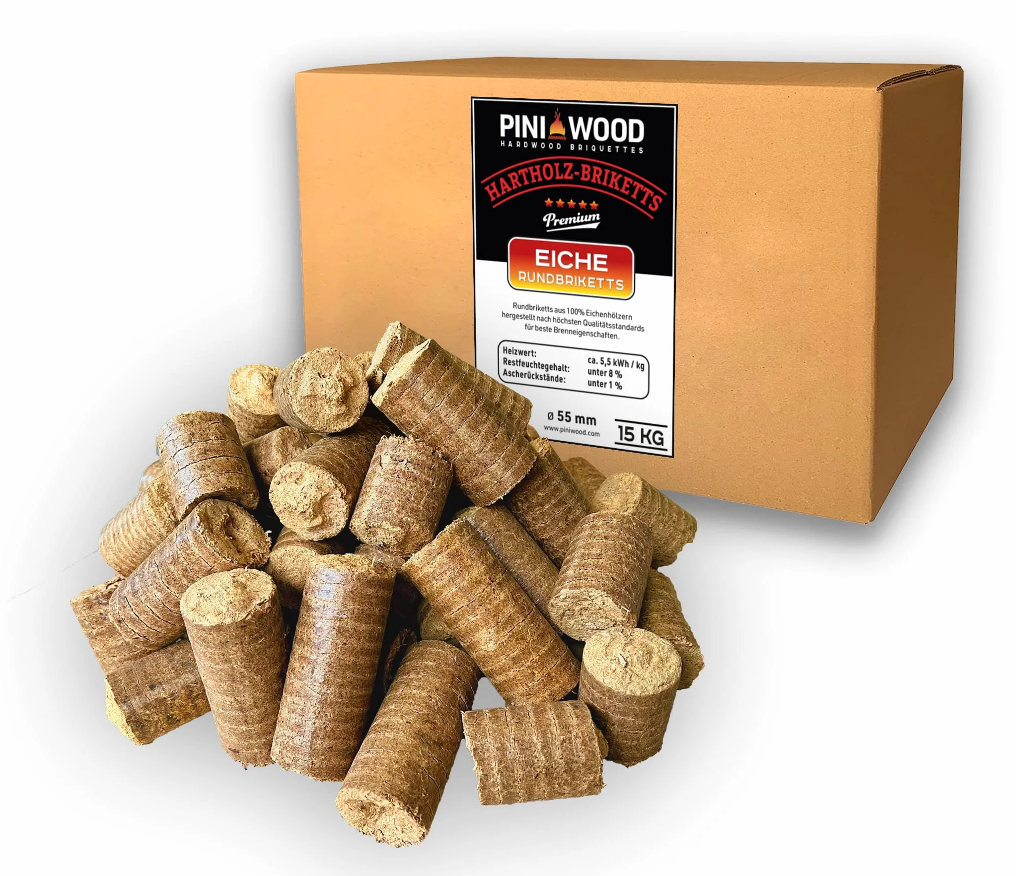 PINI Briquetas de madera dura, 100% roble, 15 kg, chimenea, estufa, leña, barbacoa, briquetas de roble con larga duración de combustión