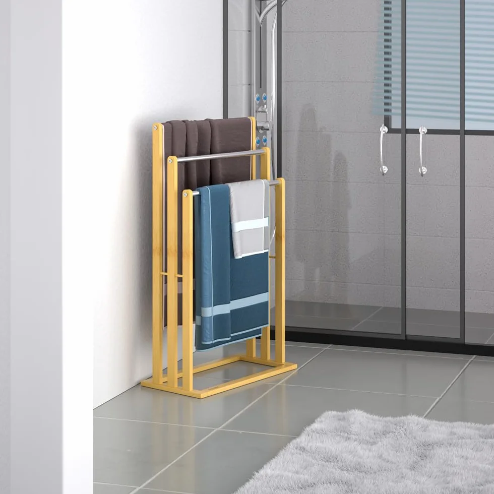 CASARIA Toallero de Pie Madera de Bambú 3 Barras Acero Inoxidable 84x46x24cm