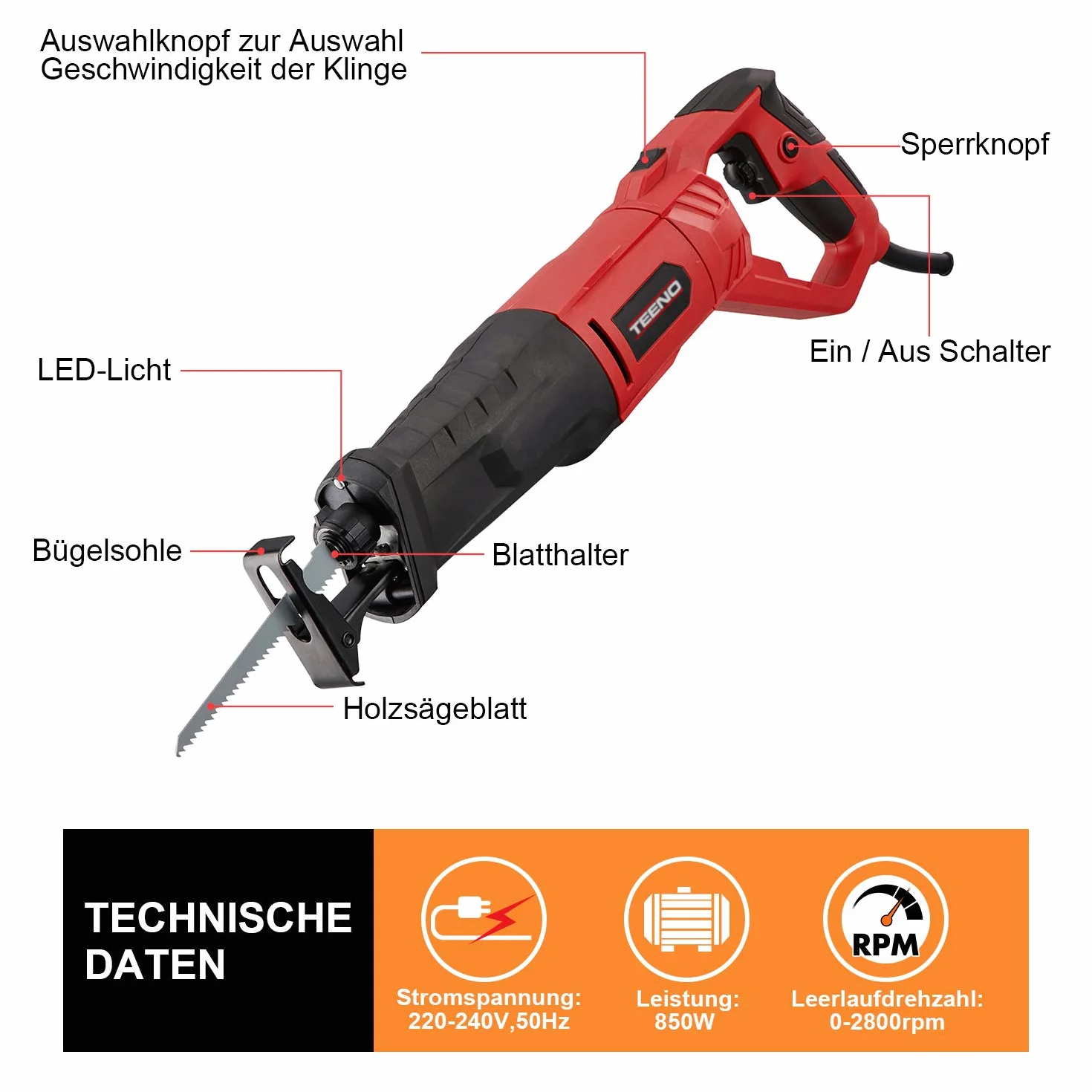 TEENO Sierra sable 850W con cable, Manija Giratoria (Izquierda y Derecha 90º), Gatillo de Velocidad Variable 0~2800RPM, 2 Hojas de 150mm(Madera 6T HCS, Metal 14T BIM),LED