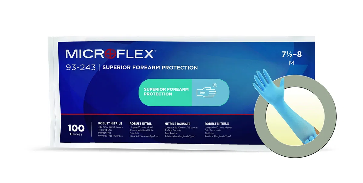 Ansell Microflex 93-243 Nitrilo Guantes con Puño más Largo Para Industrias de Procesado de Alimentos o Ciencias de la Vida, Azul, Talla 2XL (100 Guantes)