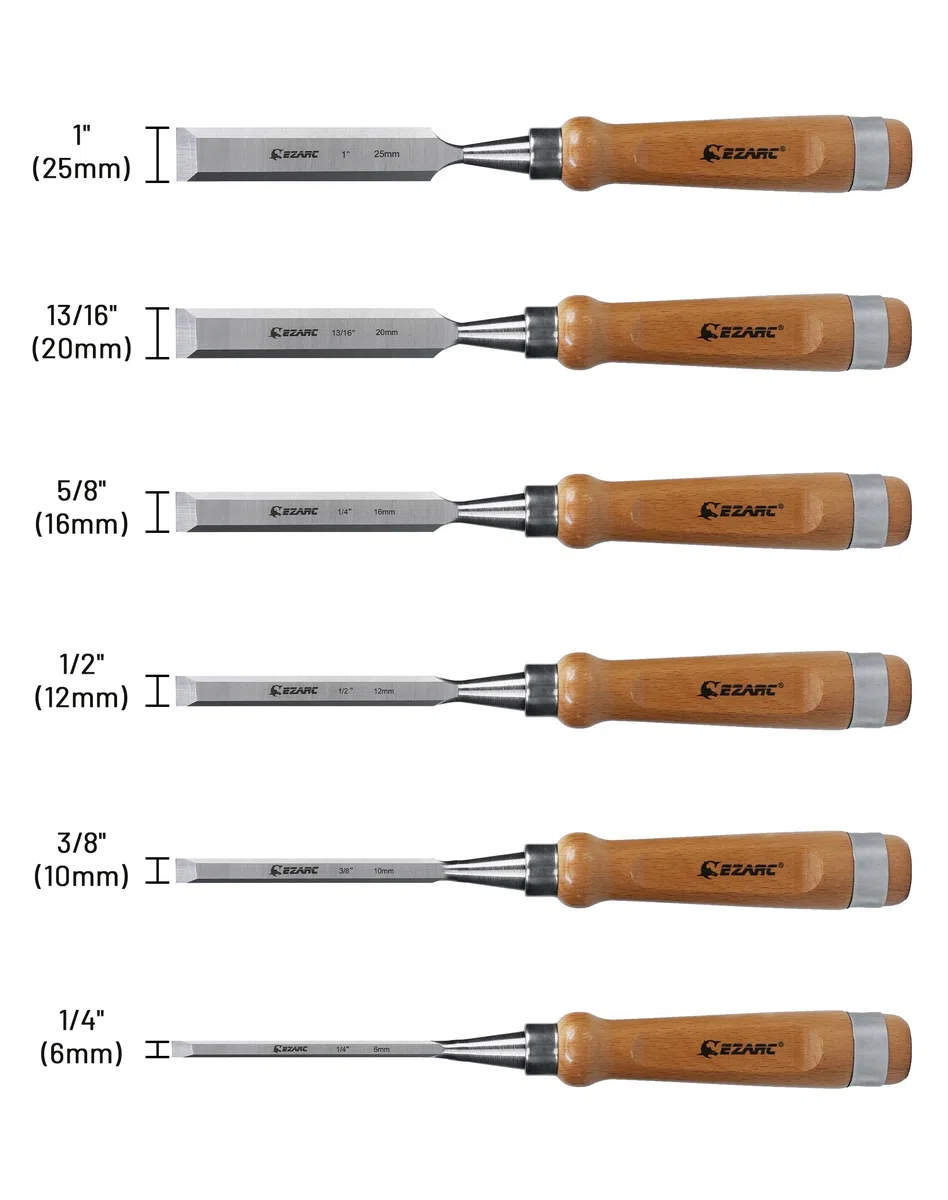 EZARC Juego de 6 Cinceles para Madera, Acero Cromo-Vanadio y Mango de Madera con Estuche de Madera