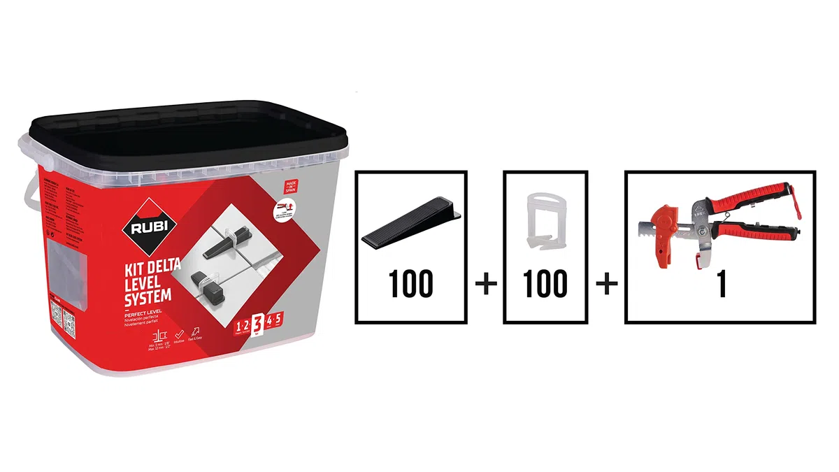 RUBI 3958 | Kit Delta Level System 2 mm (3-12mm) | El Set Incluye: 1 Tenaza, 100 Bridas y 100 Cuñas de Nivelación Reutilizables | Sistema para Facilitar Colocación Cerámicas de Gran Formato