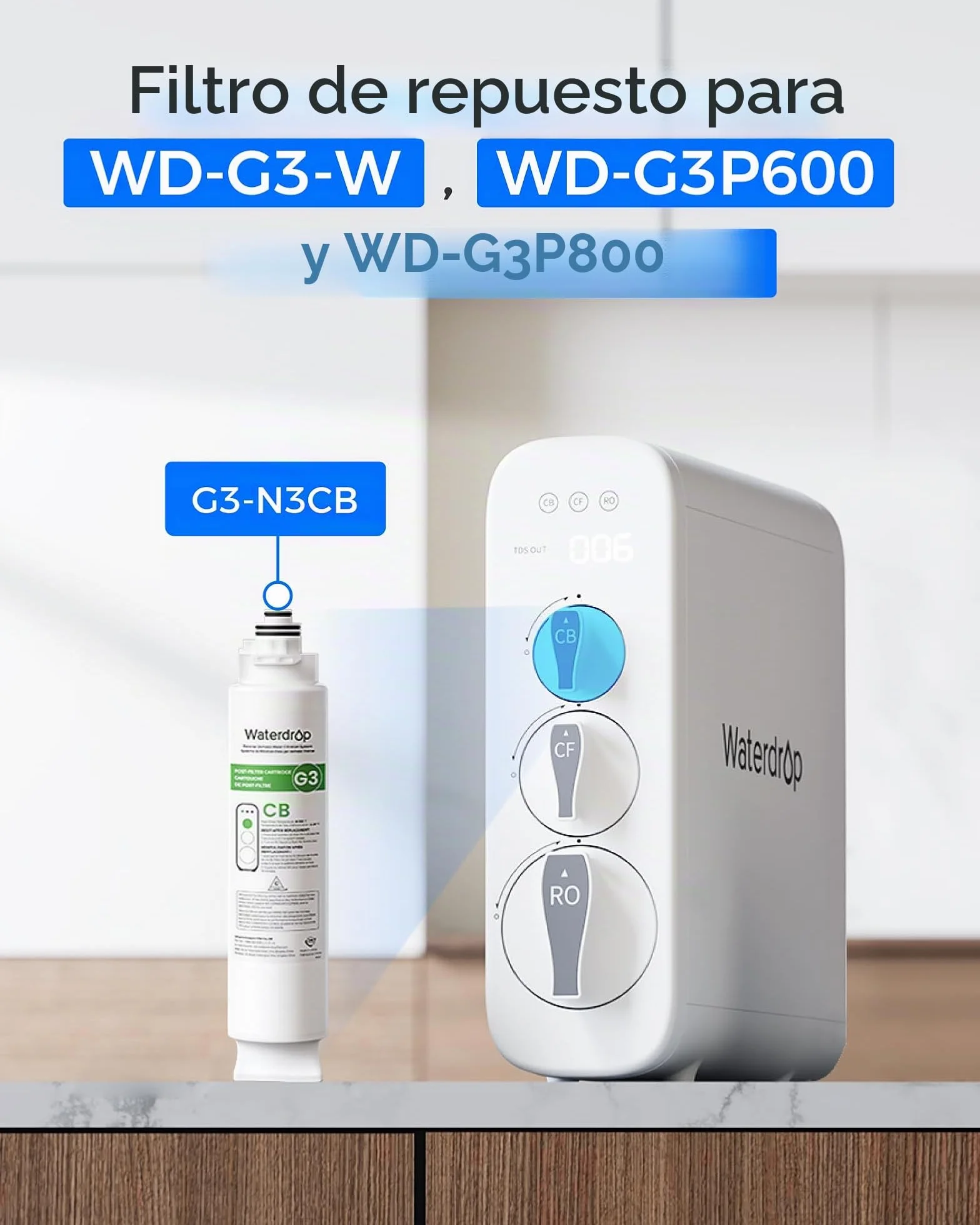 Waterdrop Filtro WD-G3-N3CB de repuesto para sistema de ósmosis inversa WD-G3-W, 1 año de vida útil