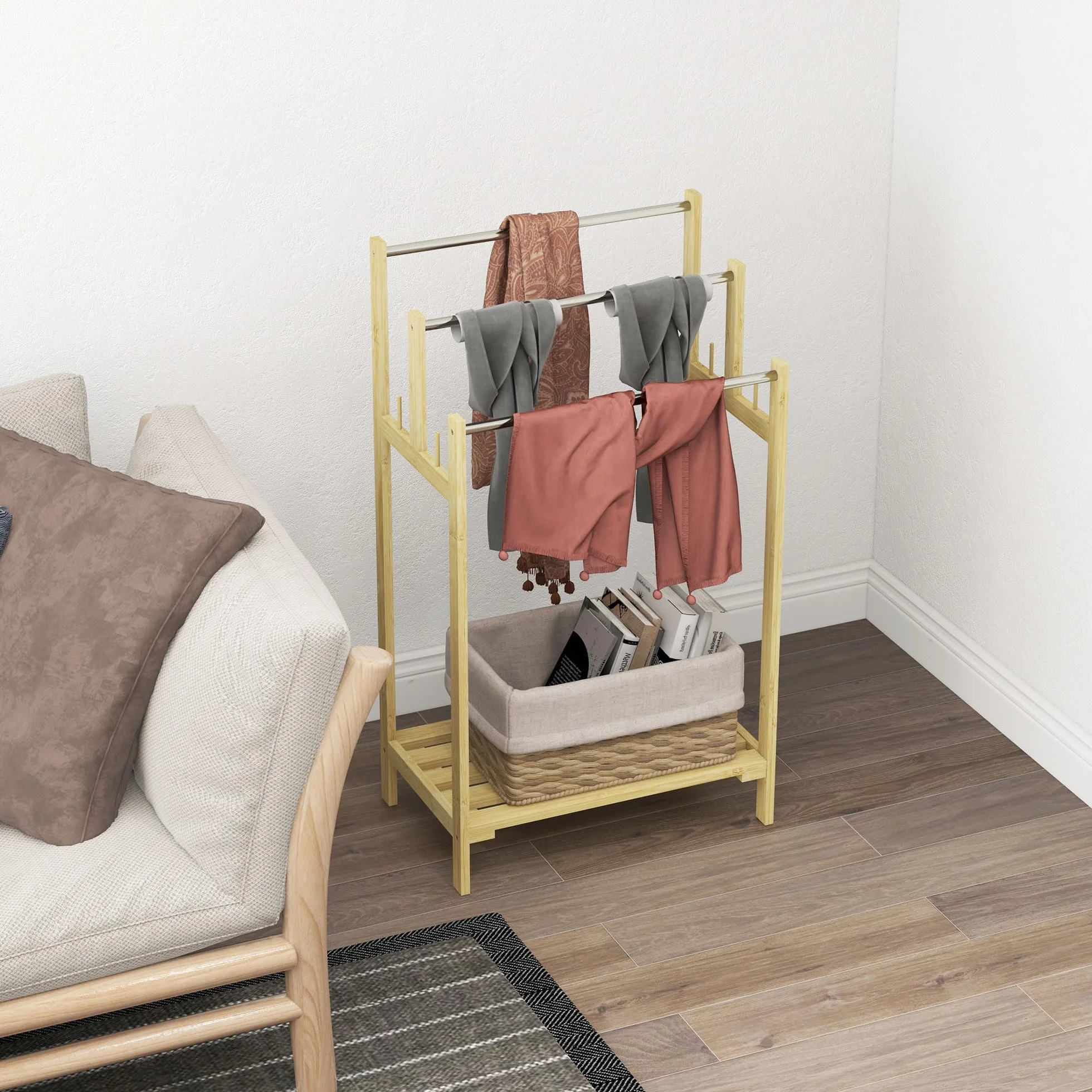 HOMCOM Toallero de Pie de Bambú, Escalera Baño 3 Barras Acero Inoxidable, 50.5x31x90 cm
