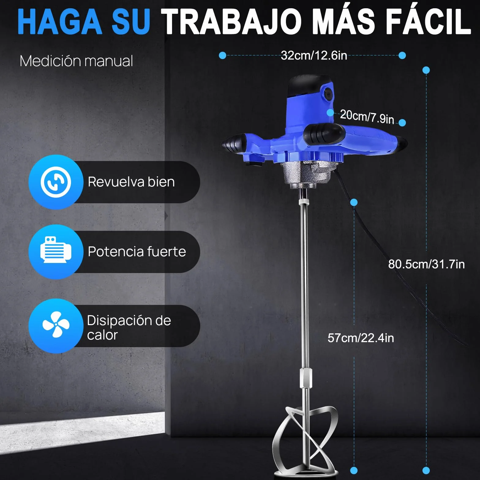 Mezclador de Mortero 2600W, 6 Velocidades de Ajuste, Varilla en Espiral M14 Para Mortero Ø 120 Mm, Batidor de Pintura Para Forro, Yeso, Cemento - Azul