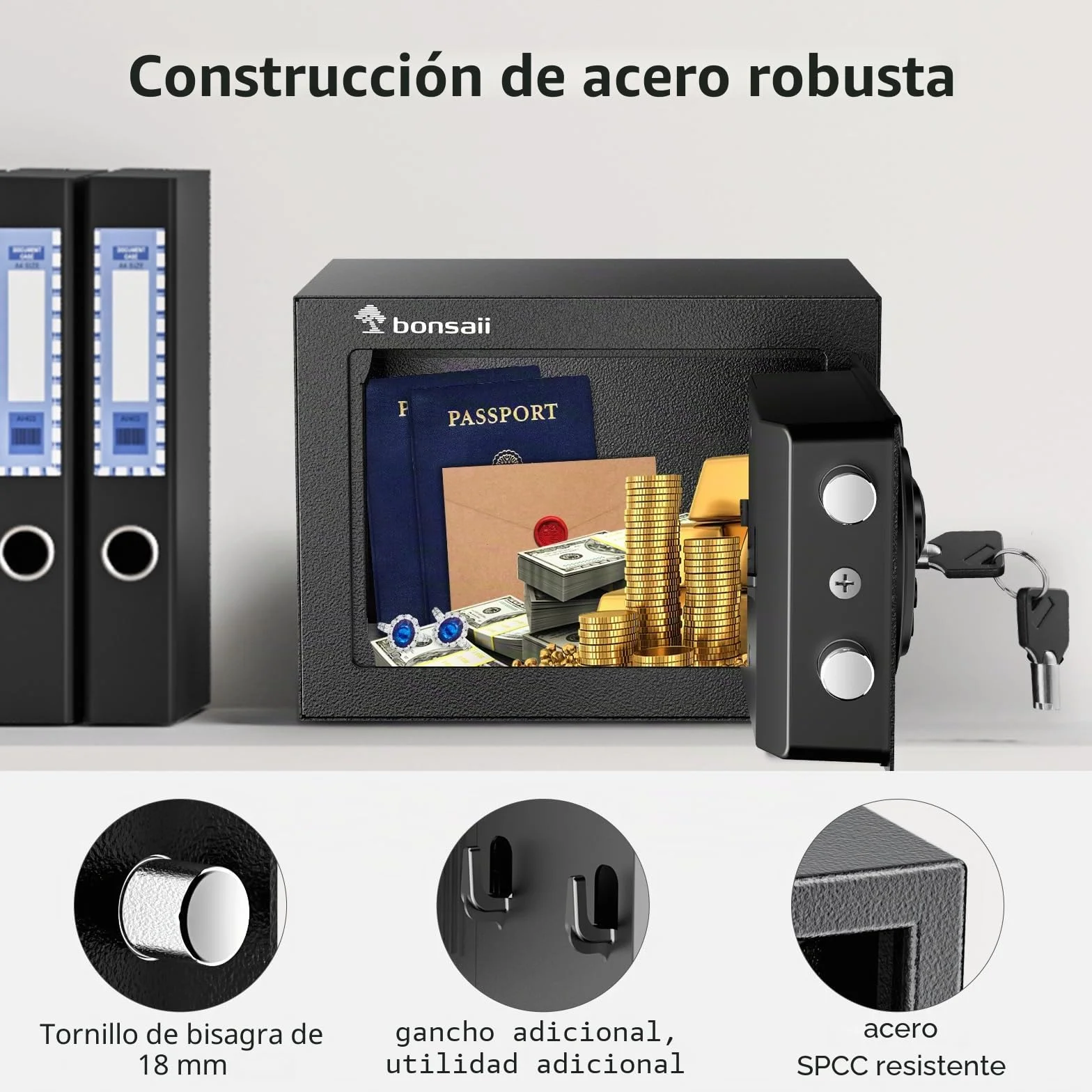 Bonsaii Caja Fuerte Mini 6.6L Pantalla LED Teclado Electrónico Llave Acero USB Respaldo Oficina Hogar Hotel