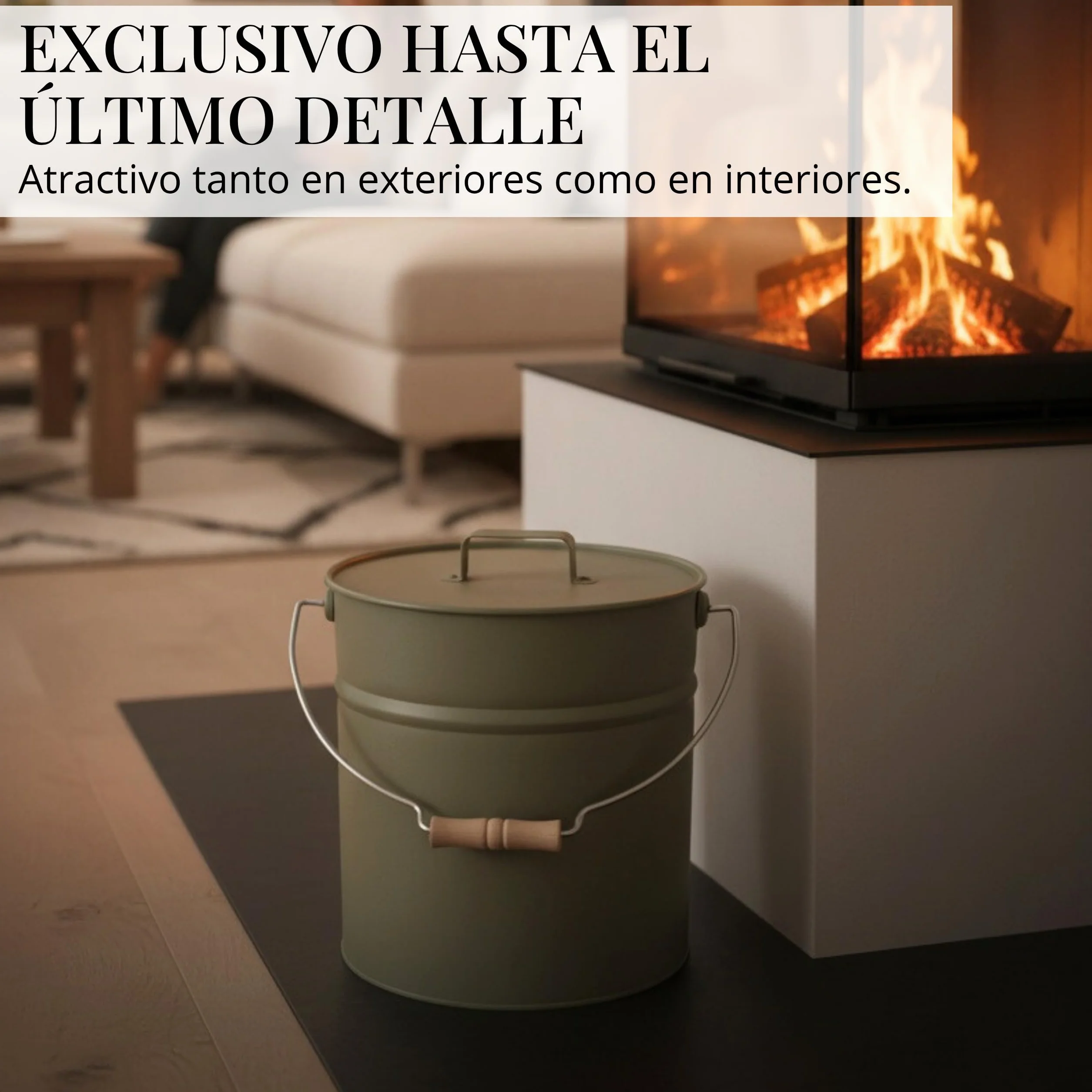 LIVLIG Cubo de cenizas con tapa, 12 L, color gris musgo, cubo galvanizado con tapa para chimeneas modernas, calidad premium de Europa, accesorios elegantes para chimenea para guardar las cenizas de