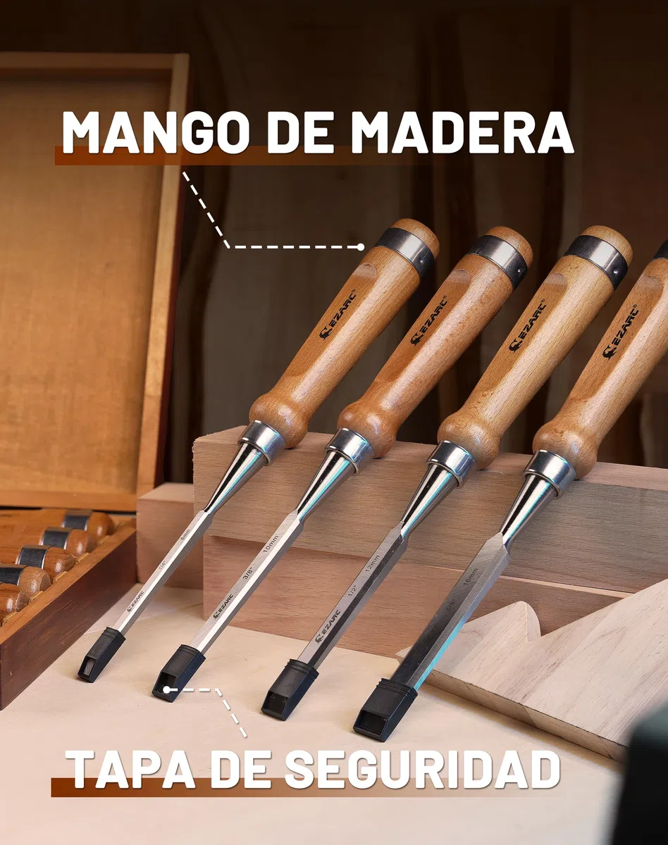 EZARC Juego de 6 Cinceles para Madera, Acero Cromo-Vanadio y Mango de Madera con Estuche de Madera
