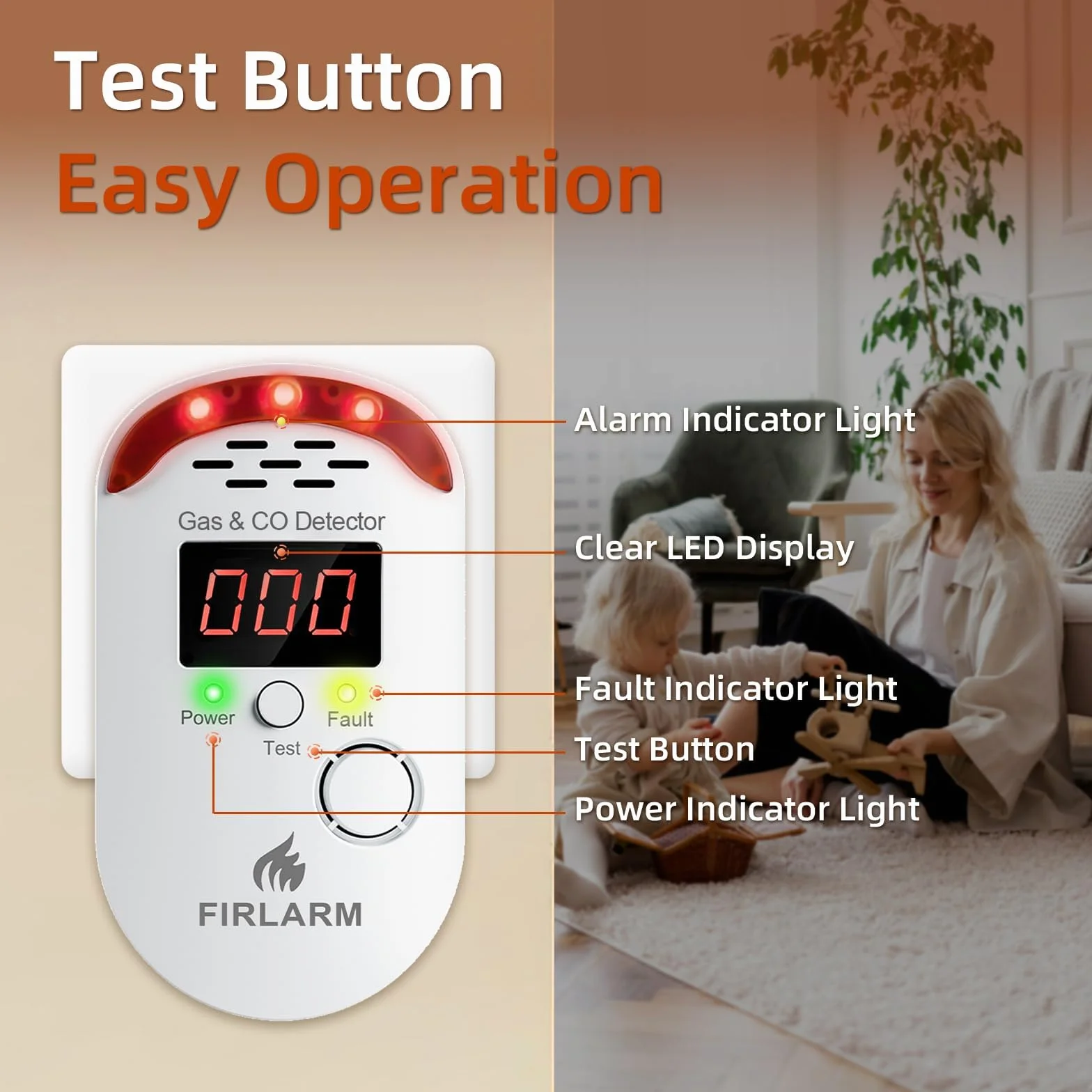 Firlarm Detector de Gas y Monóxido de Carbono con Enchufe y Pantalla LED para Hogar, Cocina, Garaje, Oficina