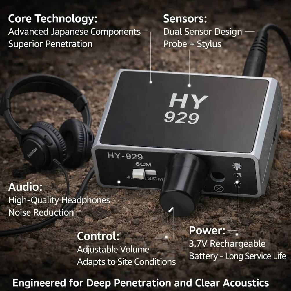 Detector de Fugas de Agua HY 929, Kit de Accesorios para Detector de Fugas de Tuberías de Agua de Alta Intensidad Monitor de Fugas de Tuberías de Agua Subterránea con Auricular