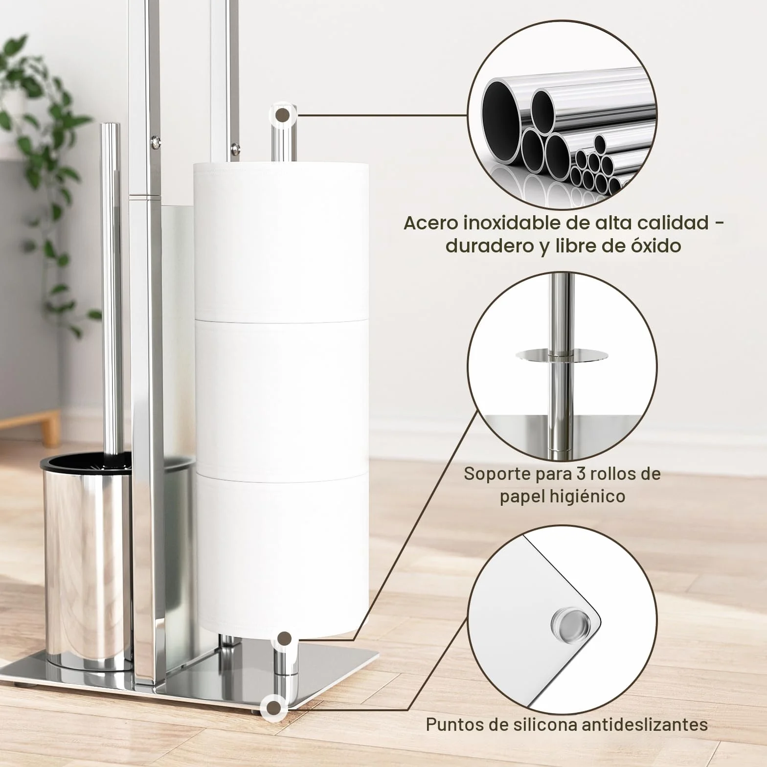 Soporte de Papel Higiénico de Acero Inoxidable de Pie con Escobilla y Bandeja