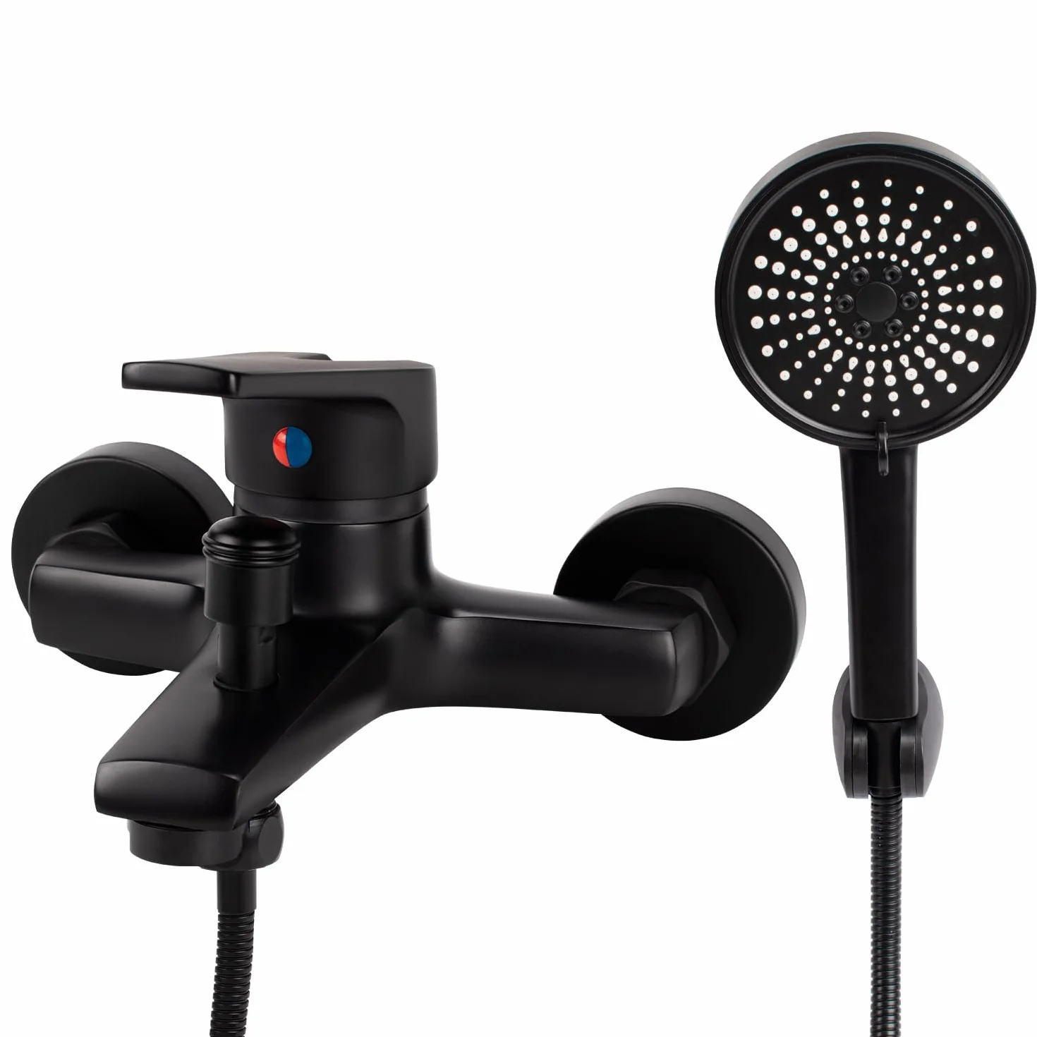 Grifo de Ducha y Bañera Con Ducha de Mano de 5 Funciones - Monomando Mezclador Para Instalación en Pared Con Manguera y Soporte (Negro)
