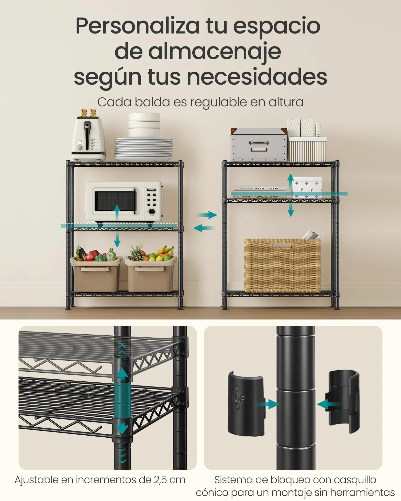 SONGMICS Estantería de Almacenamiento Metálica 3 Niveles 30 x 60 x 77 cm Negro