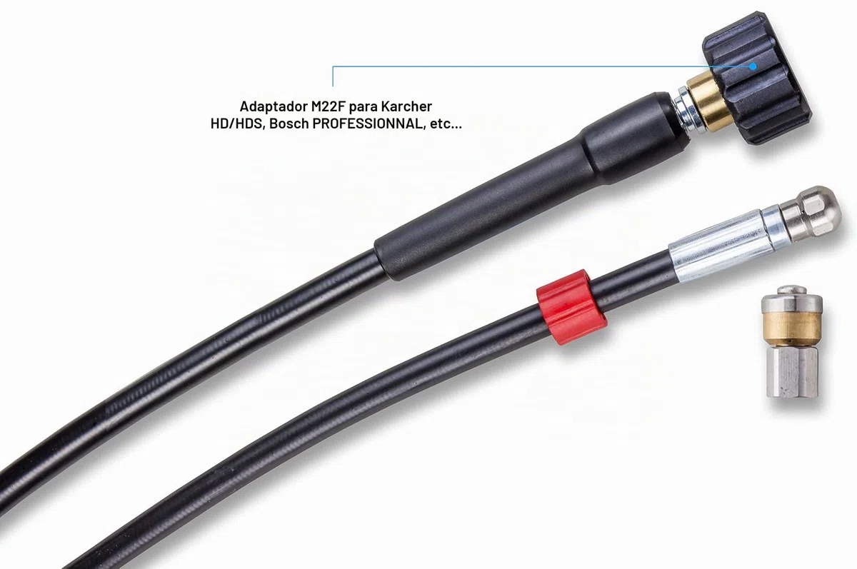 Desatascador de Tuberias para Hidrolimpiadora 15m, 200 bares - Manguera de Limpieza compatible con Karcher, Parkside, Lavor, Bosch Professional - Boquilla Fija, Boquilla Giratoria KNOFER