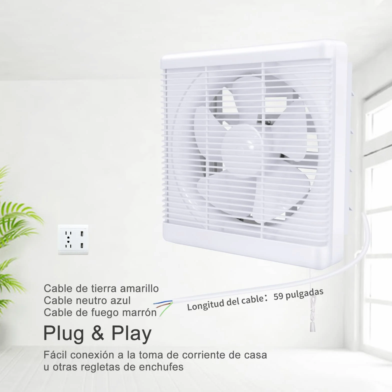 HUGOOME Ventilador de baño de Tamaño abierto 200 * 200mm, 300m³/h 25W Ventilador de pared reversible de dos vías Ventilación, para Cocina Ático Ventana Garaje (Sin enchufe)