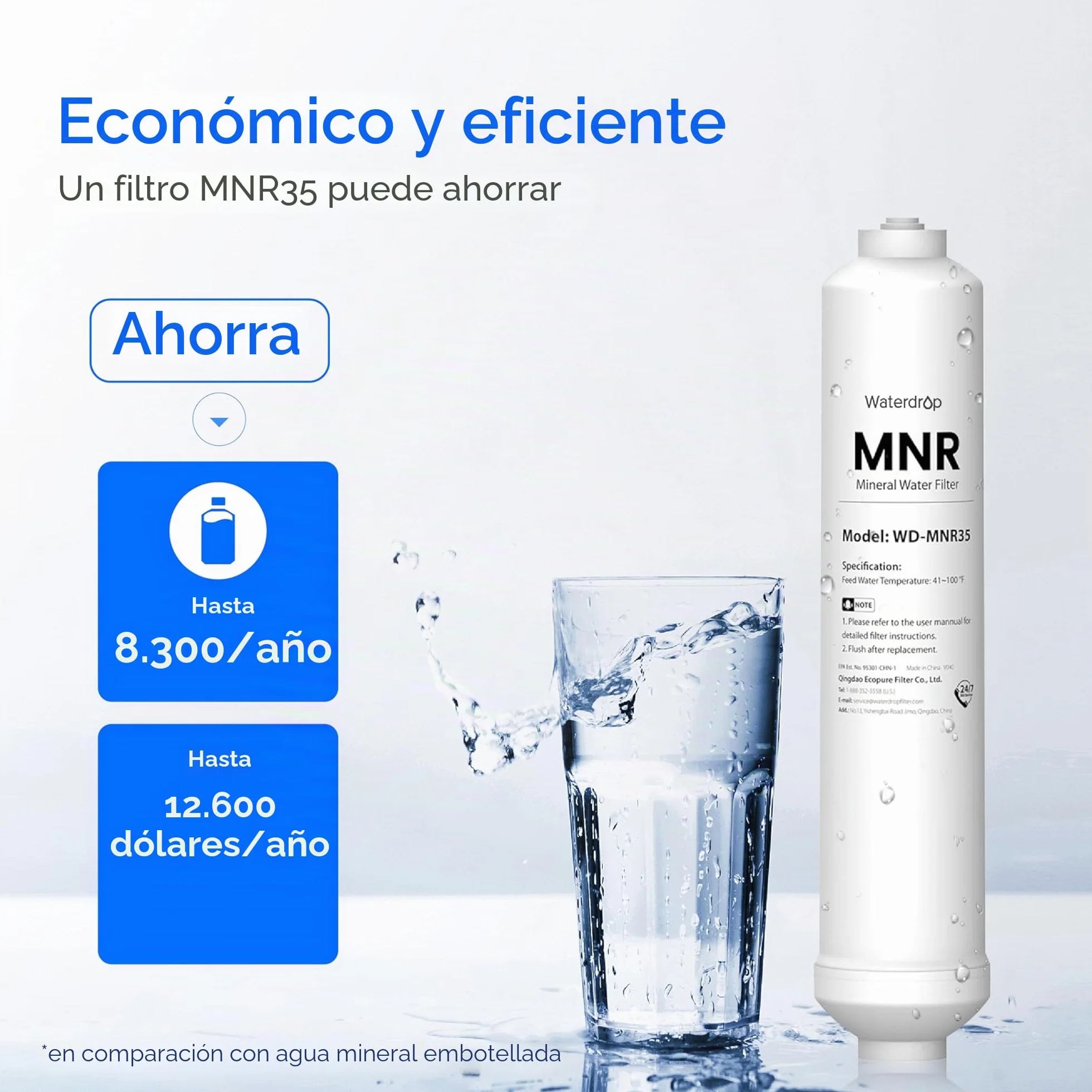 Waterdrop Filtro de Agua en Línea de Remineralización, Posfiltro de Conexión Rápida de 1/4" para Sistema de Filtro de Osmosis Inversa RO