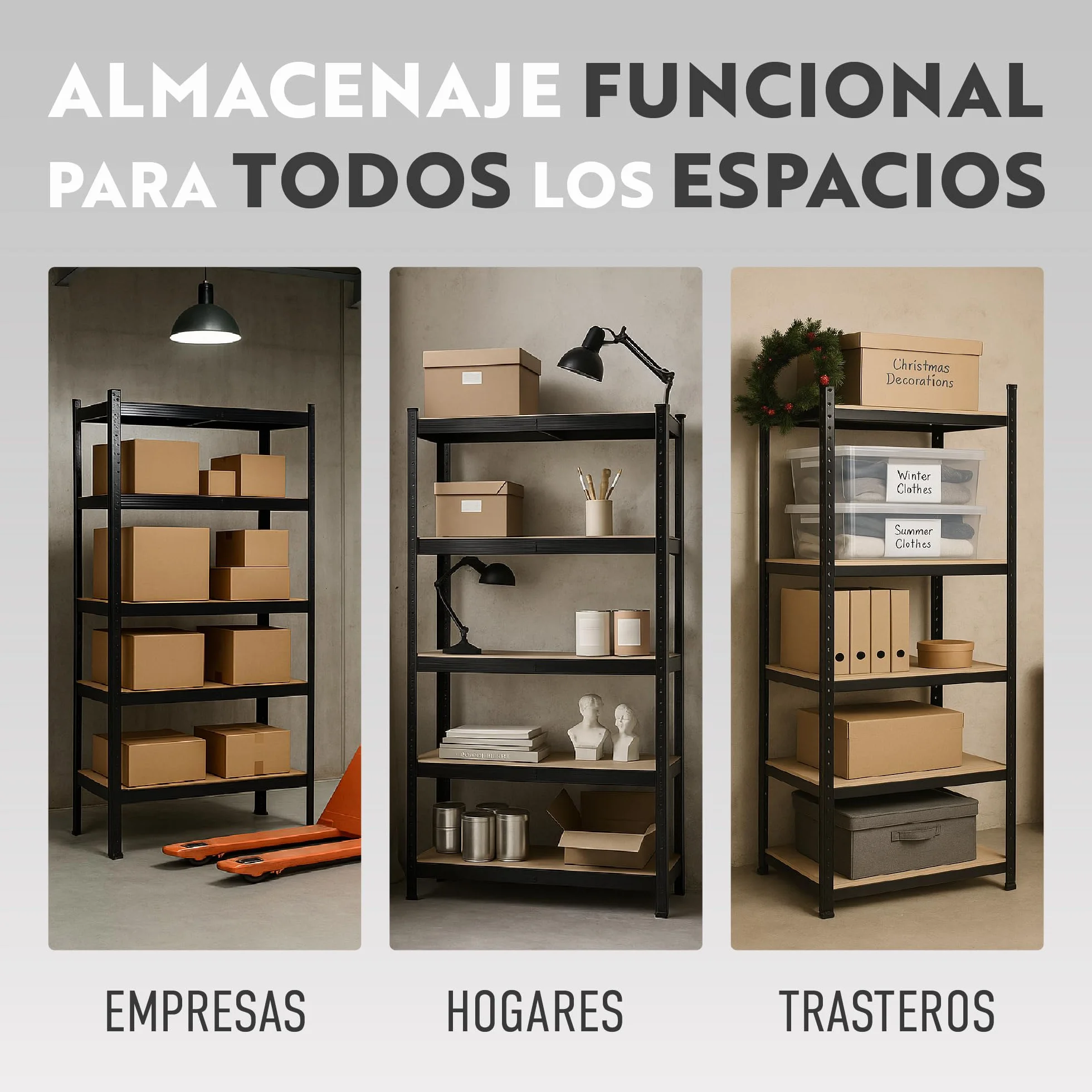 Estantería Metálica de Almacenaje Acero Galvanizado + 5 baldas MDF Ajustables - 180x90x40 cm - Capacidad 875 kg - Sin Tornillos - Garaje, Almacén, Trastero (Negro)