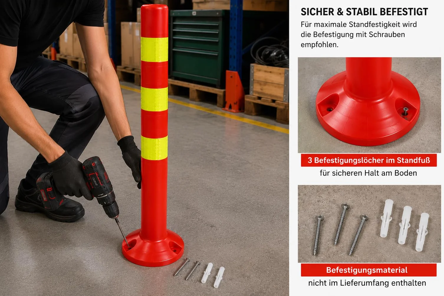Juego de 3 postes de barrera de plástico – 72,5 cm reflectantes | Barrera para industria, almacenes, aparcamiento con pie [fijación con tornillos] Soporte de barrera – Park Poste guía bolardos