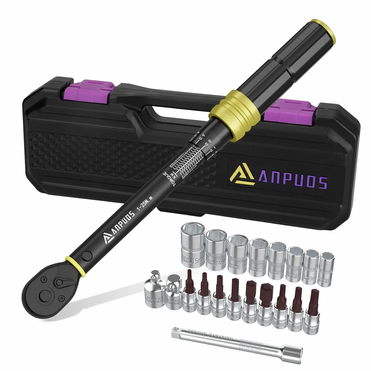 ANPUDS Llave Dinamométrica 1/4'', Llave de Torque 1-25 Nm, 72 Dientes, 21 Piezas Llave Dinamométrica Set con Extensión, Adaptador, Torx, Bits, para Reparación y Mantenimiento de Bici