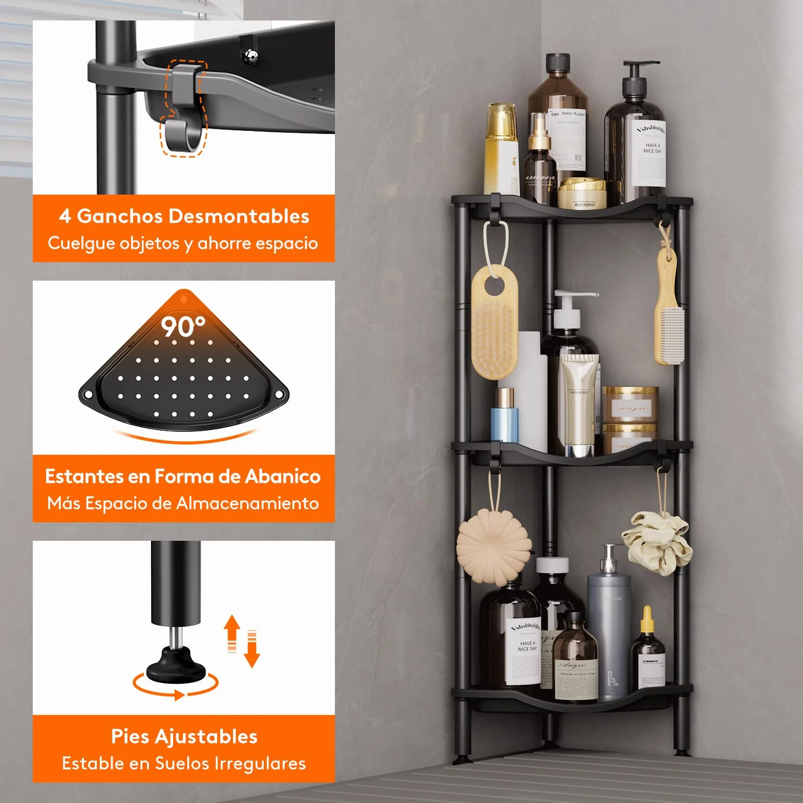 Lifewit Estanteria Ducha sin Taladro 3 Niveles, Organizador Esquinero Plástico Baño, Negro 34 cm