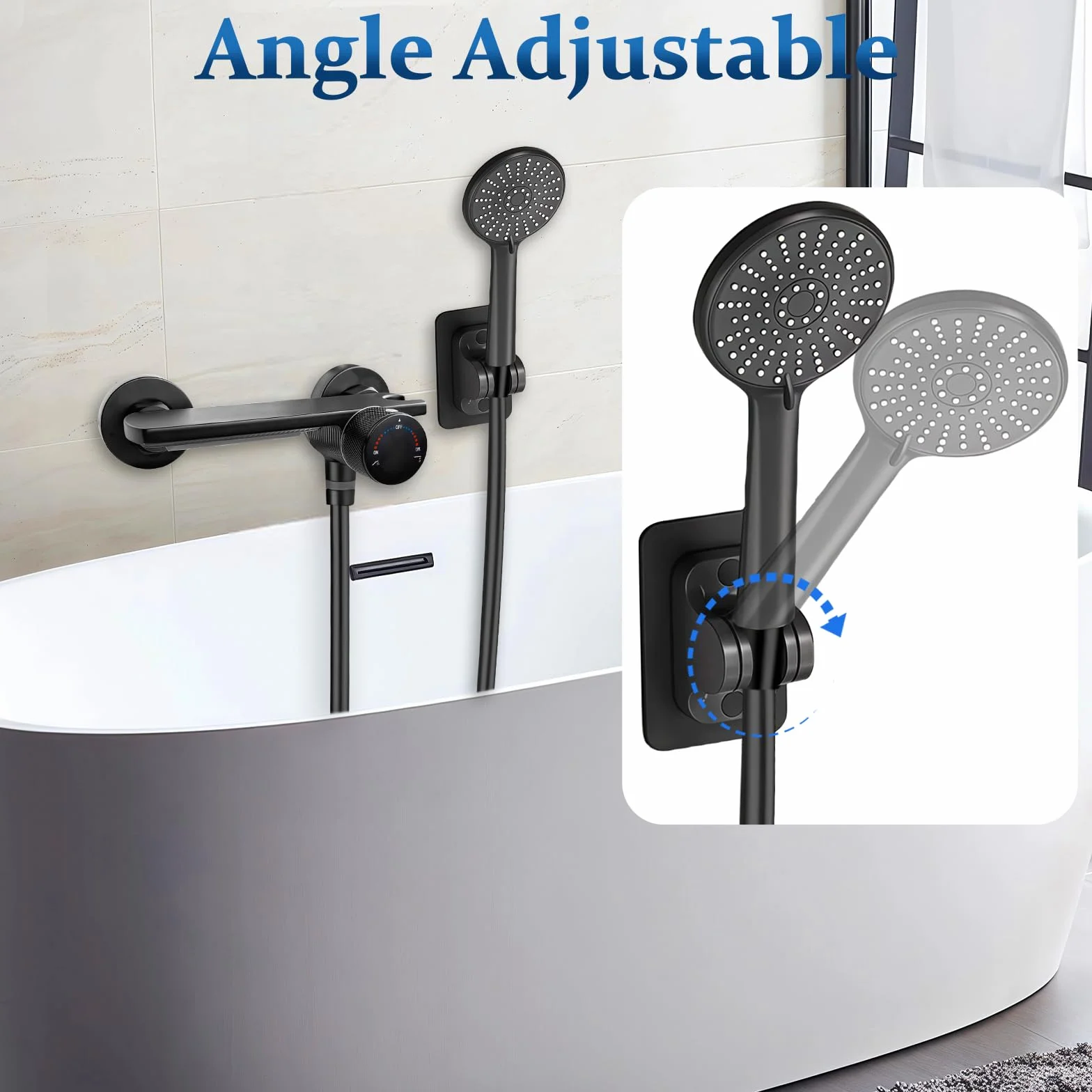 Grifo para Bañera y Ducha con Alcachofa de Mano, Grifo Bañera en Cascada de Latón Monomando Mezclador Ducha Montado en La Pared con Manguera de Acero Inoxidable 1.5m y Soporte (Negro)