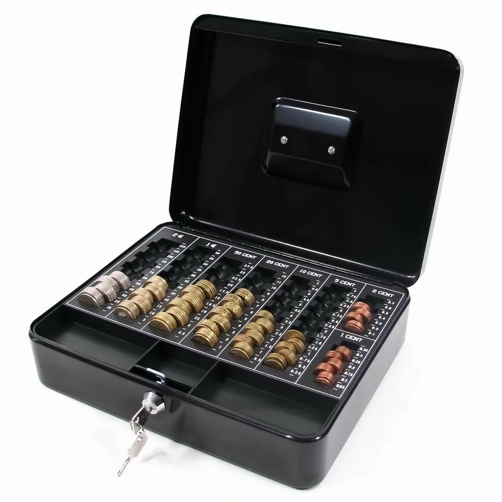 Caja de caudales con Bandeja para Euros Safe Acero Negro, Cerradura de Cilindro con 2 Llaves