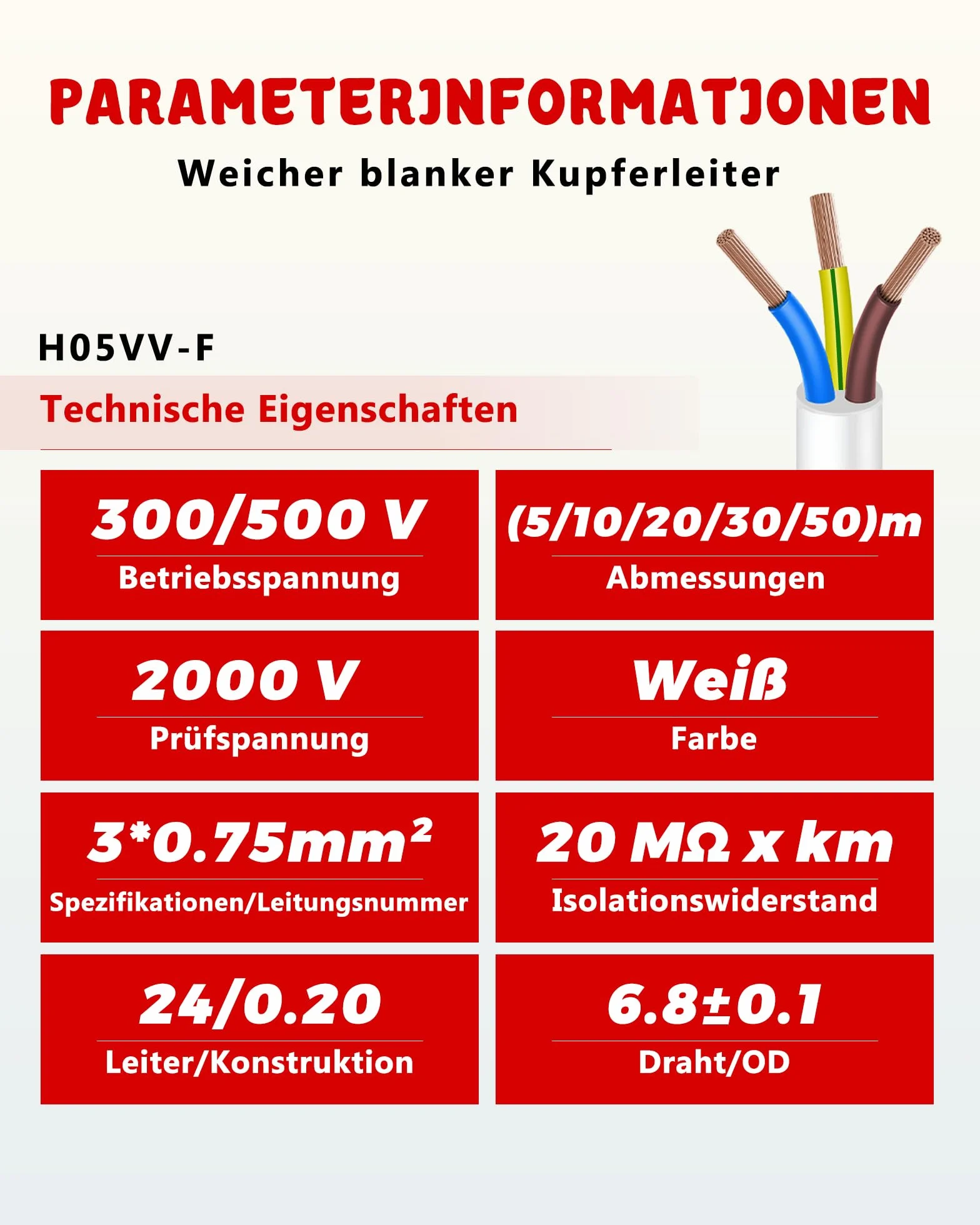Cable H05VV-F 3x0,75mm² Blanco 20m Conductor Cobre Multifilar PVC Flexible 10A 2200W