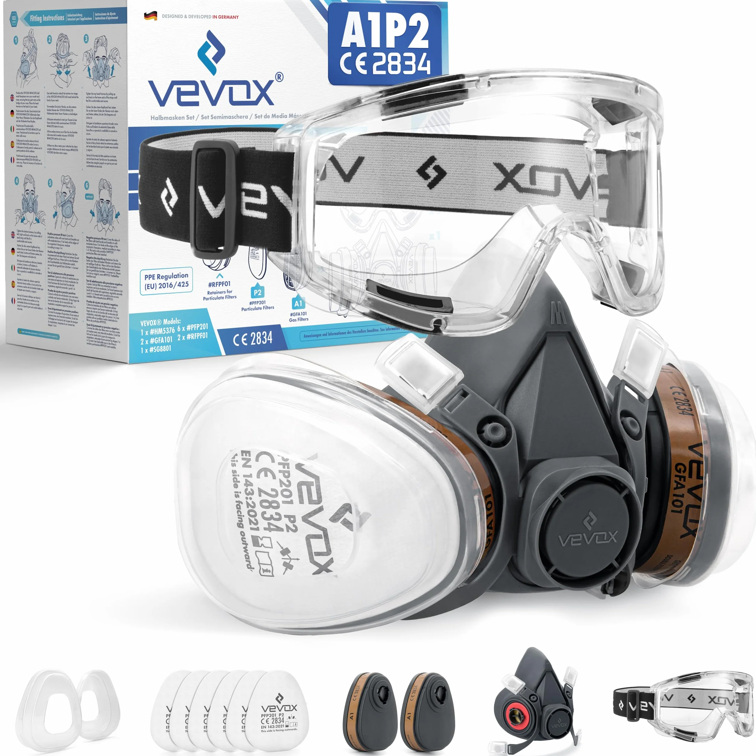 VEVOX® Máscara respiratoria con filtro A1P2 – Protección contra gases, vapores y partículas finas de polvo – Ideale para pintura, lijado y obra – Con 6 filtros P2 antipartículas y 2 A1 antigás