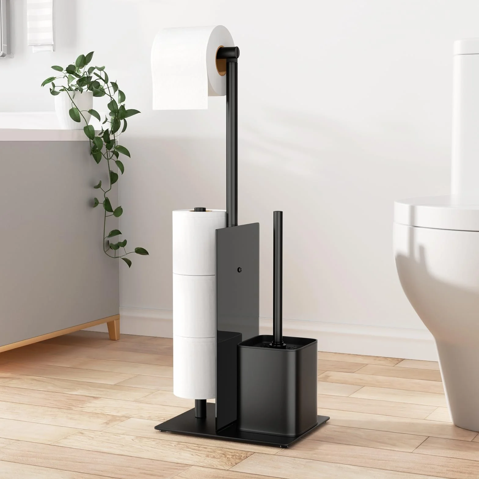 Portarrollos de Papel Higiénico de Pie con Escobillero, Soporte para Papel Higiénico con Escobilla de Acero inoxidable, sin Necesidad de Taladrar, Soporte para Papel Higiénico y Escobilla (Negro Mate)