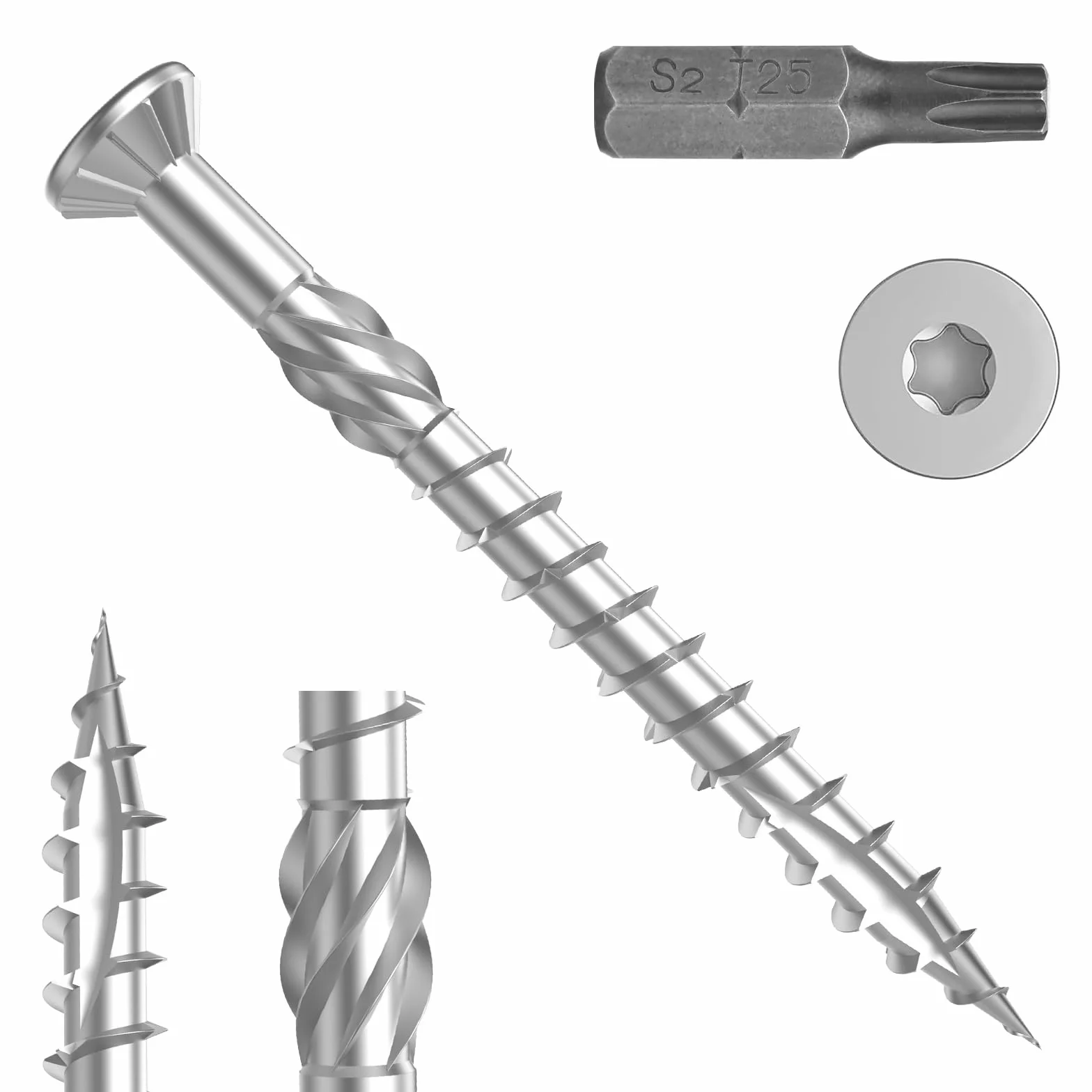 TCO Tornillos para terraza de acero inoxidable A2, 5,0 x 60 mm, 500 unidades, incluye S2 Bit, TX 25, cabeza avellanada, diente de sierra, punta de corte, tornillos para terrazas para exteriores