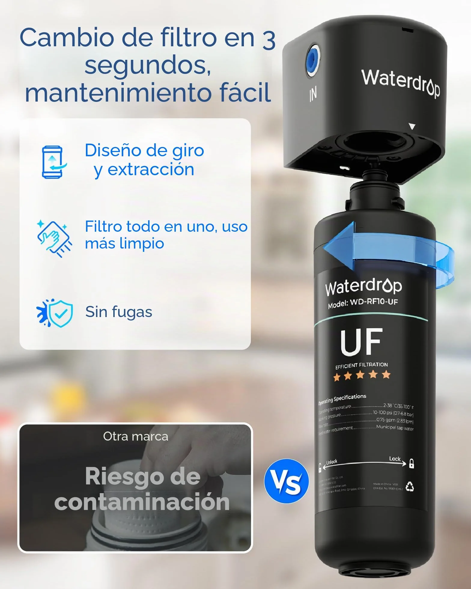 Waterdrop RF10-UF Cartucho de filtro de repuesto 0,01 micras para filtro de agua 10UA/10UA-UF/10UB/10UB-UF