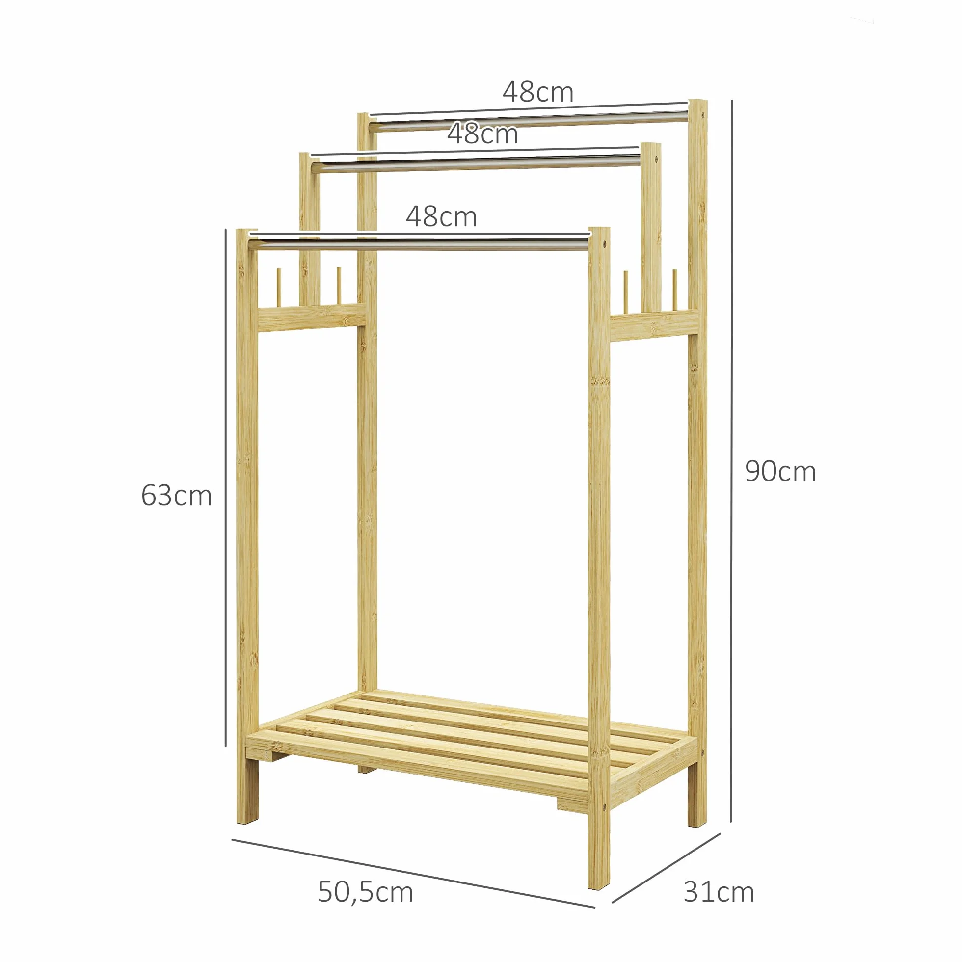 HOMCOM Toallero de Pie de Bambú, Escalera Baño 3 Barras Acero Inoxidable, 50.5x31x90 cm