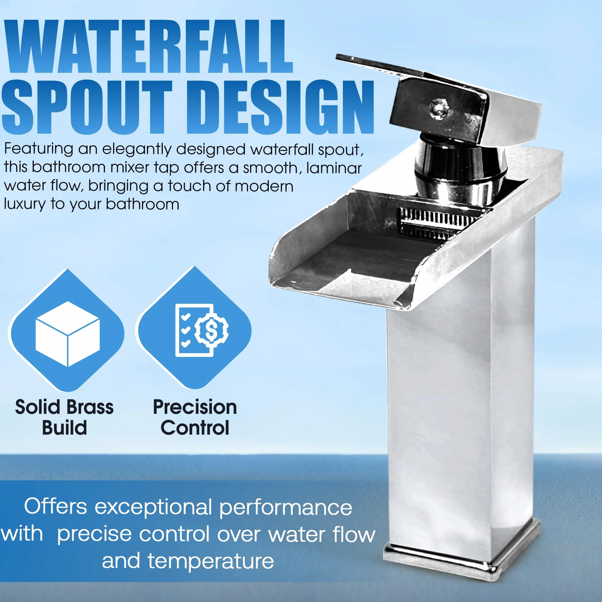 Grifo de cascada cromado para lavabo baño monomando cuadrado latón macizo plateado