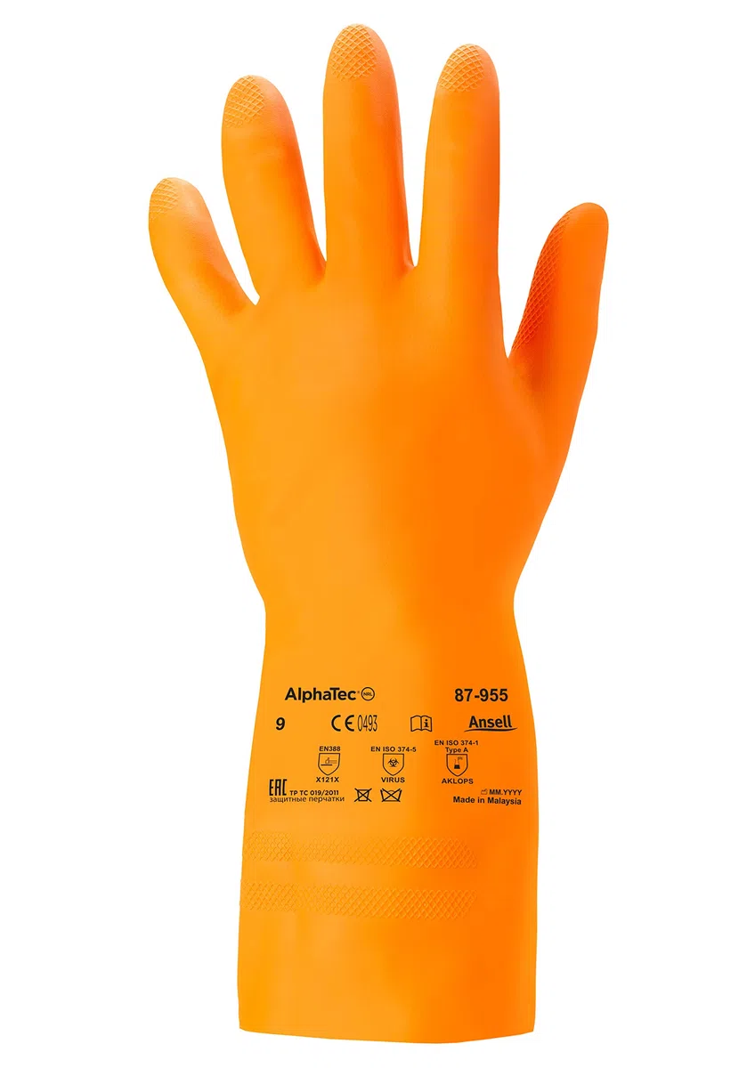 Ansell AlphaTec 87-955 Guantes de Trabajo Multiusos, Alta Resistencia Química, Protección Reforzada Trabajos Exigentes, Forro con Flocado Algodón, Talla L (12 Pares)